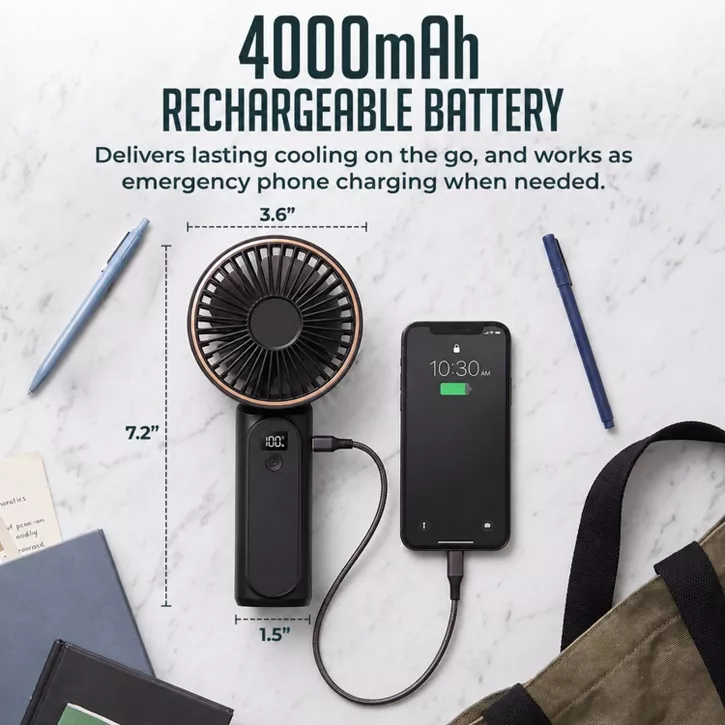 Luminuxe Portable Handheld Fan, USB Rechargeable Foldable Fan w/ 4000mAh Battery, Ultra Quiet 6-Speed Wind LED Display