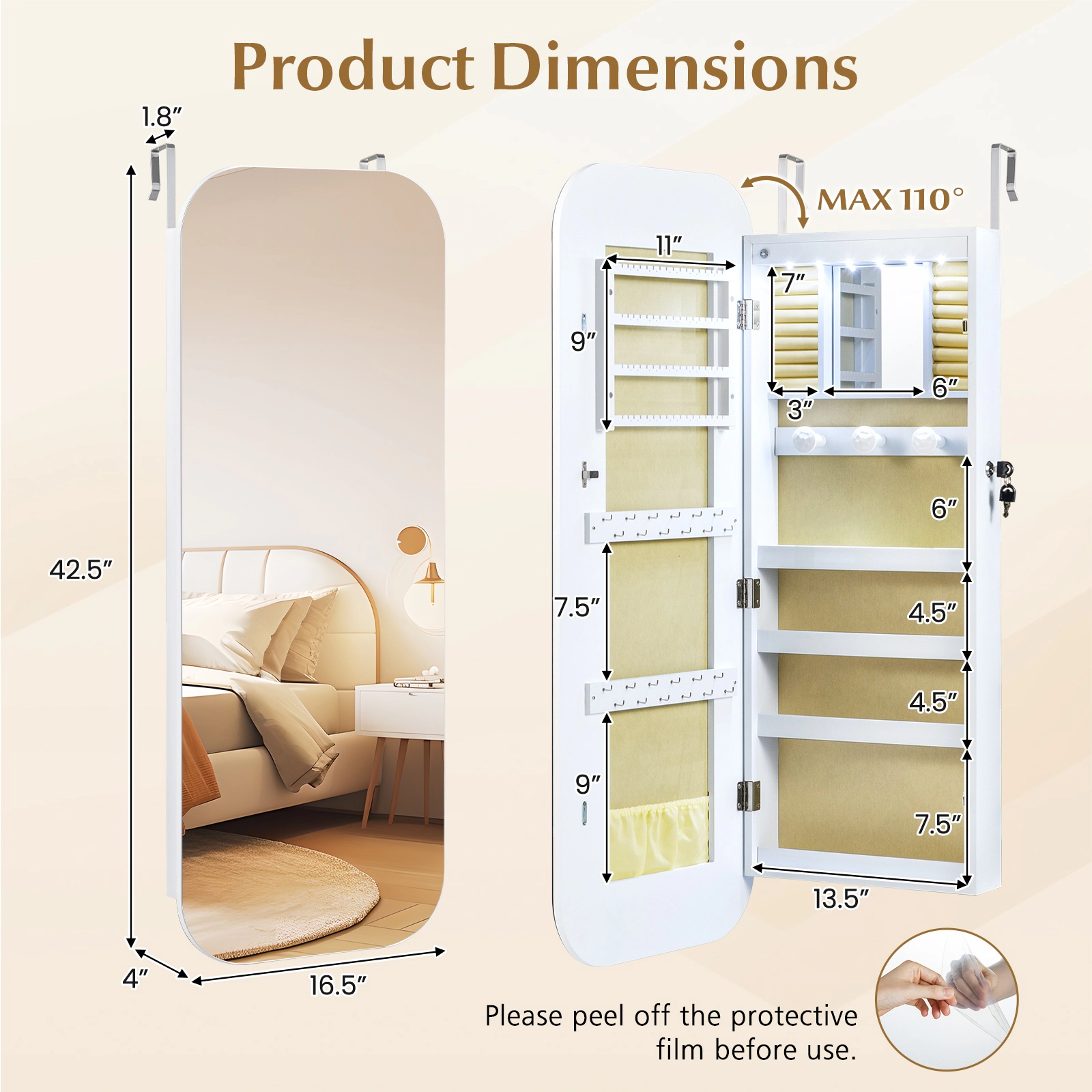 SlickBlue 42.5 Inch Wall or Door Mounted Lockable Jewelry Cabinet with Full-Length Mirror and LED Lights