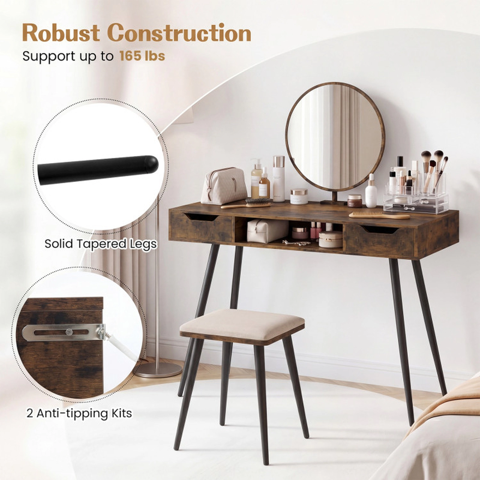 SUGIFT 42.5-Inch Rustic Brown Mid-Century Modern Writing Desk with 2 Drawers