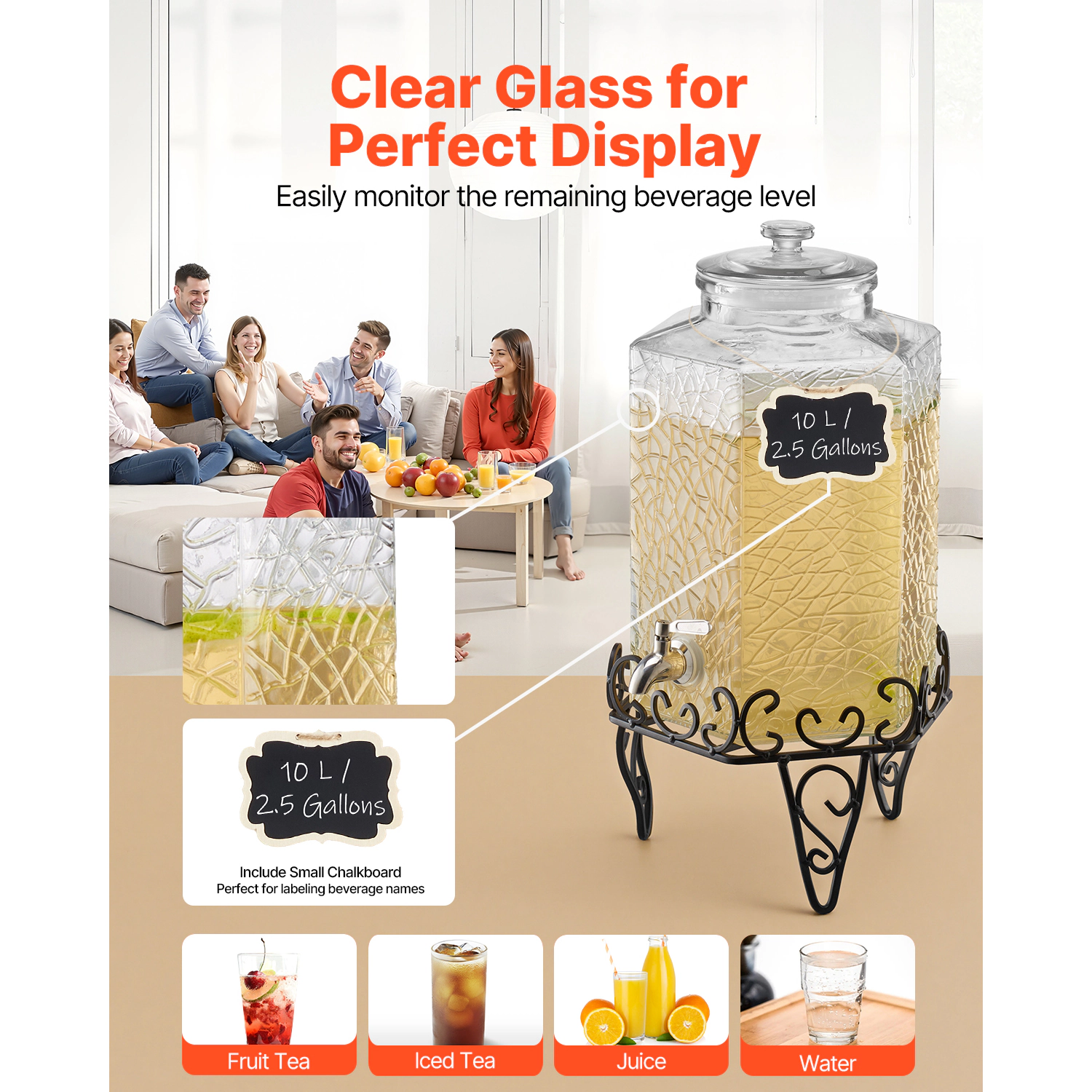 HONGGE Beverage Dispenser Drink Dispensers for Parties Glass Juice Dispenser with Metal Stand Stainless Steel Spigot