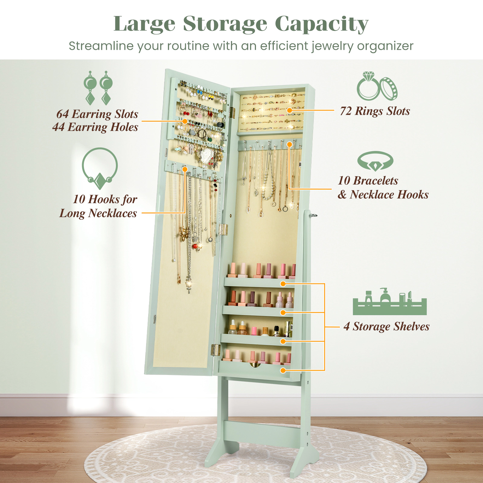 SUGIFT Freestanding Mirrored Standing Jewelry Cabinet Storage Box with Solid MDF Frame 56-in Tall Large Capacity Green