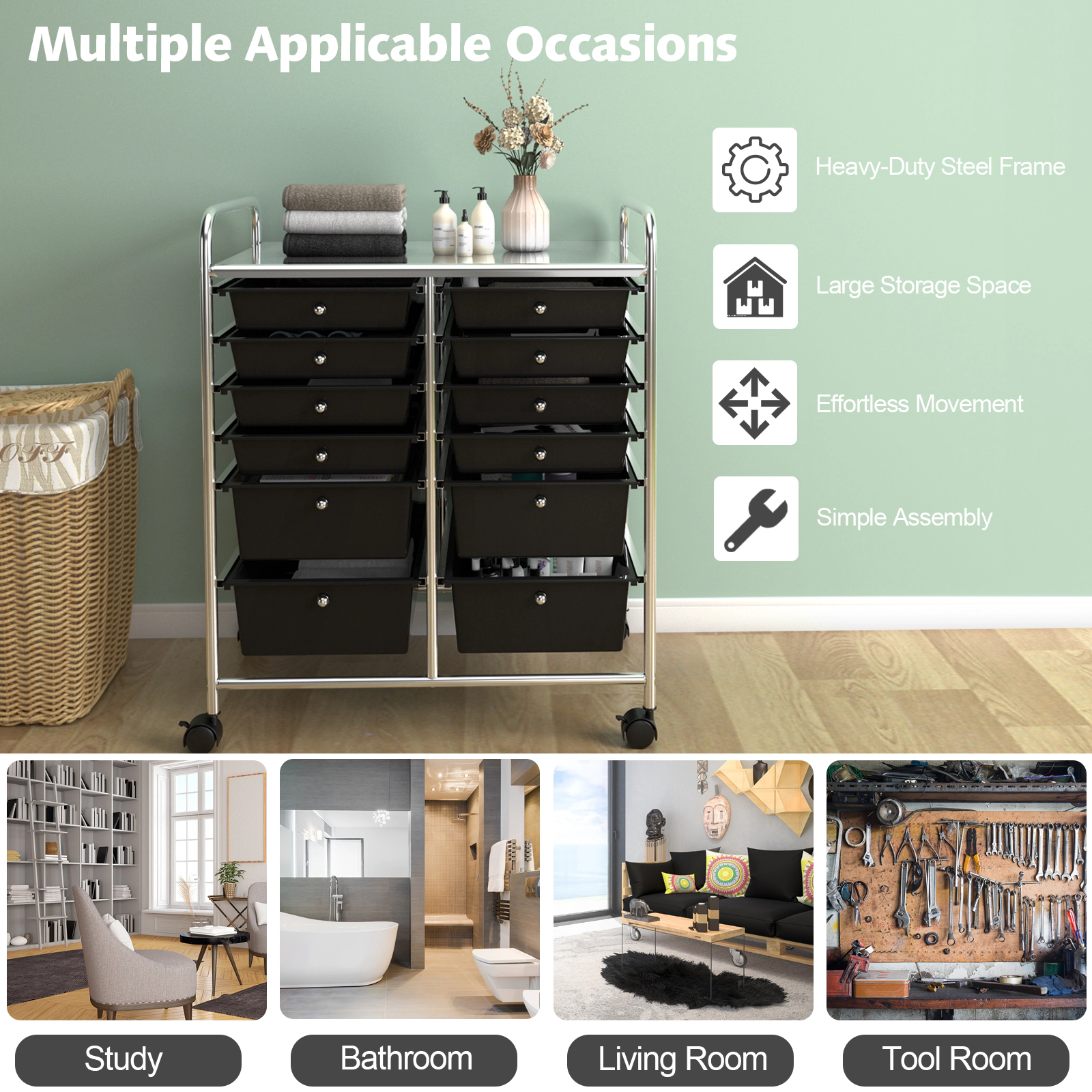 SUGIFT Black 29-in 12-Drawer Rolling Storage Cart Craft and Sewing Organizer with 4 Casters and Bins
