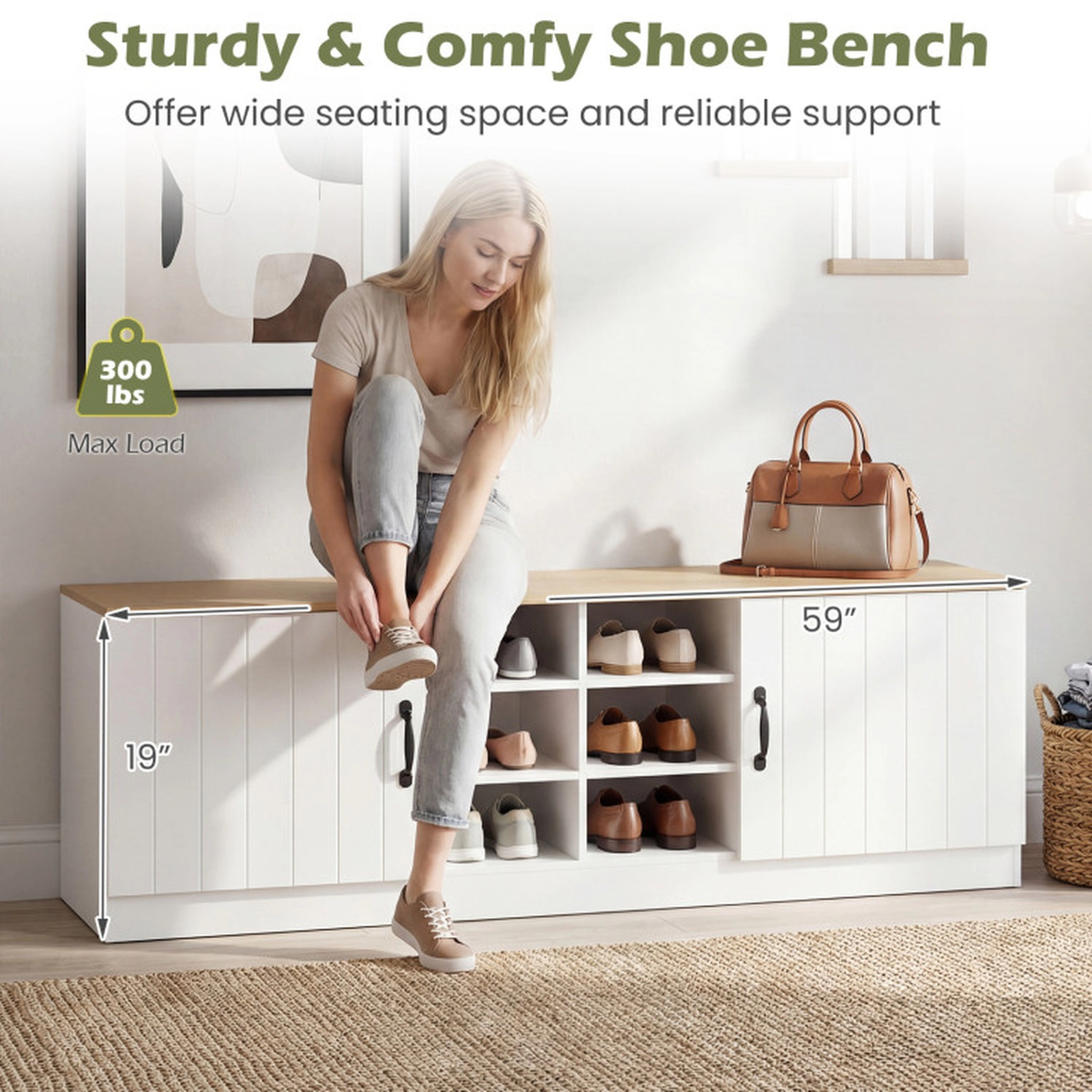 SUGIFT 2-Door Shoe Bench Storage Cabinet with Adjustable Shelves 300-lb Top Capacity 44-lb Shelves 22-lb Compartments