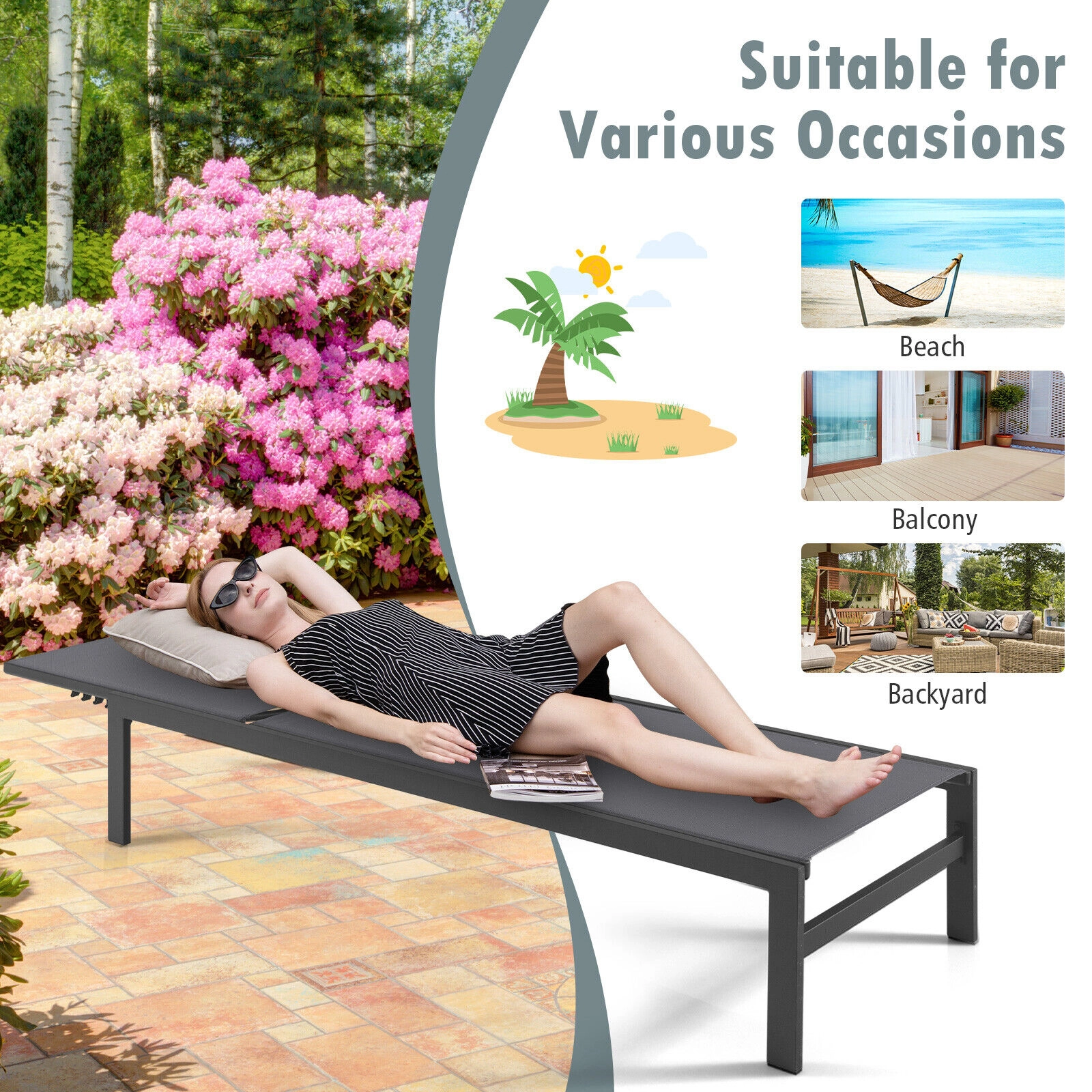 SUGIFT 6-Position Adjustable Chaise Lounge Chair with Rustproof Aluminum Frame 300-lb Capacity 78-in Length Gray