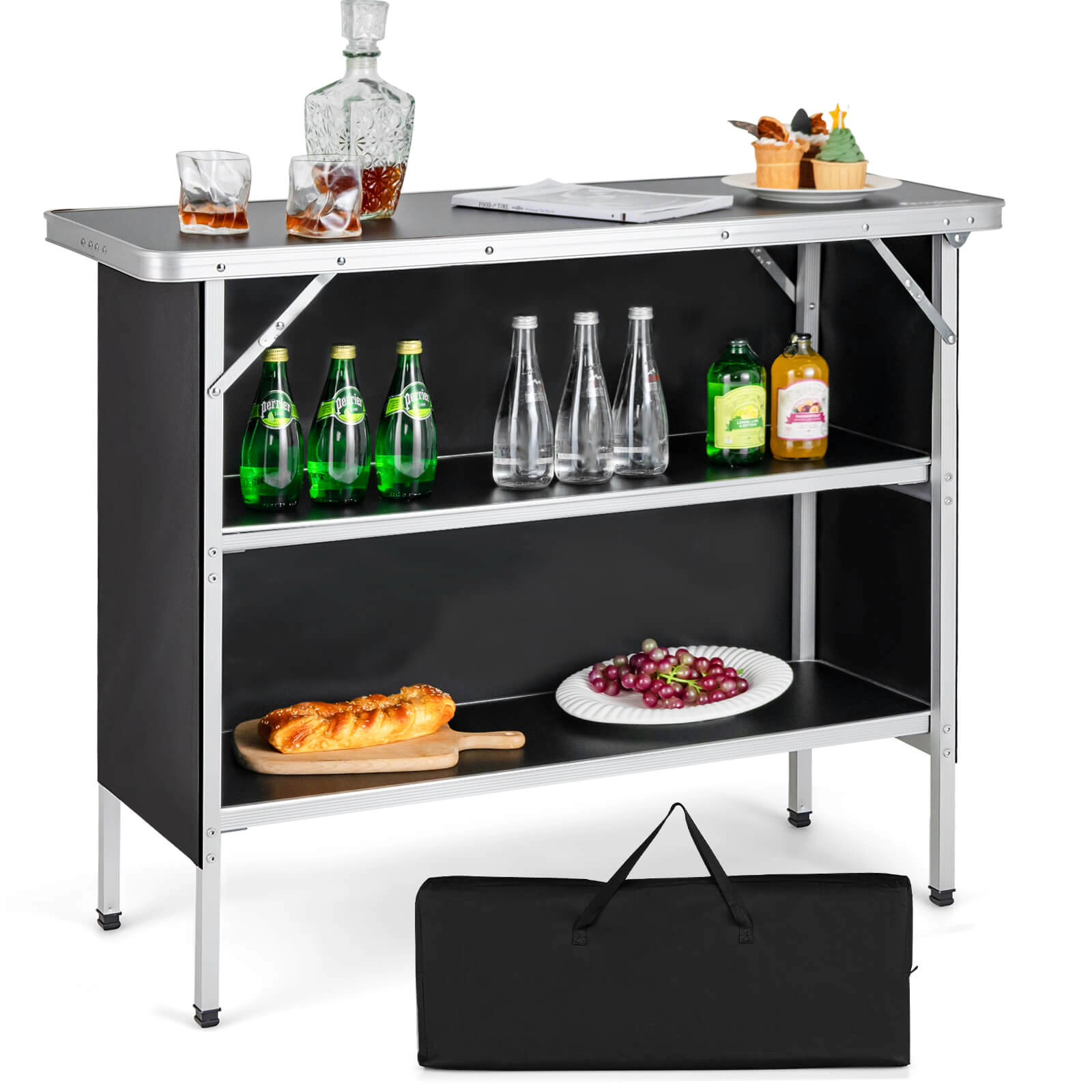 LJG Folding Camping Table with 2-Tier Open Shelves for Outdoor BBQ