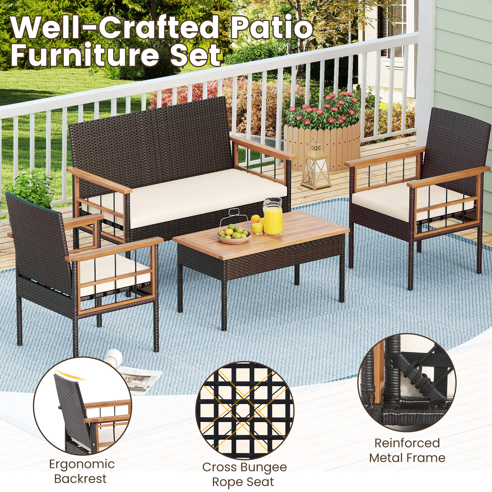 SUGIFT Acacia Wood Tabletop and Armrests 4-Piece White Cushioned Wicker Patio Set