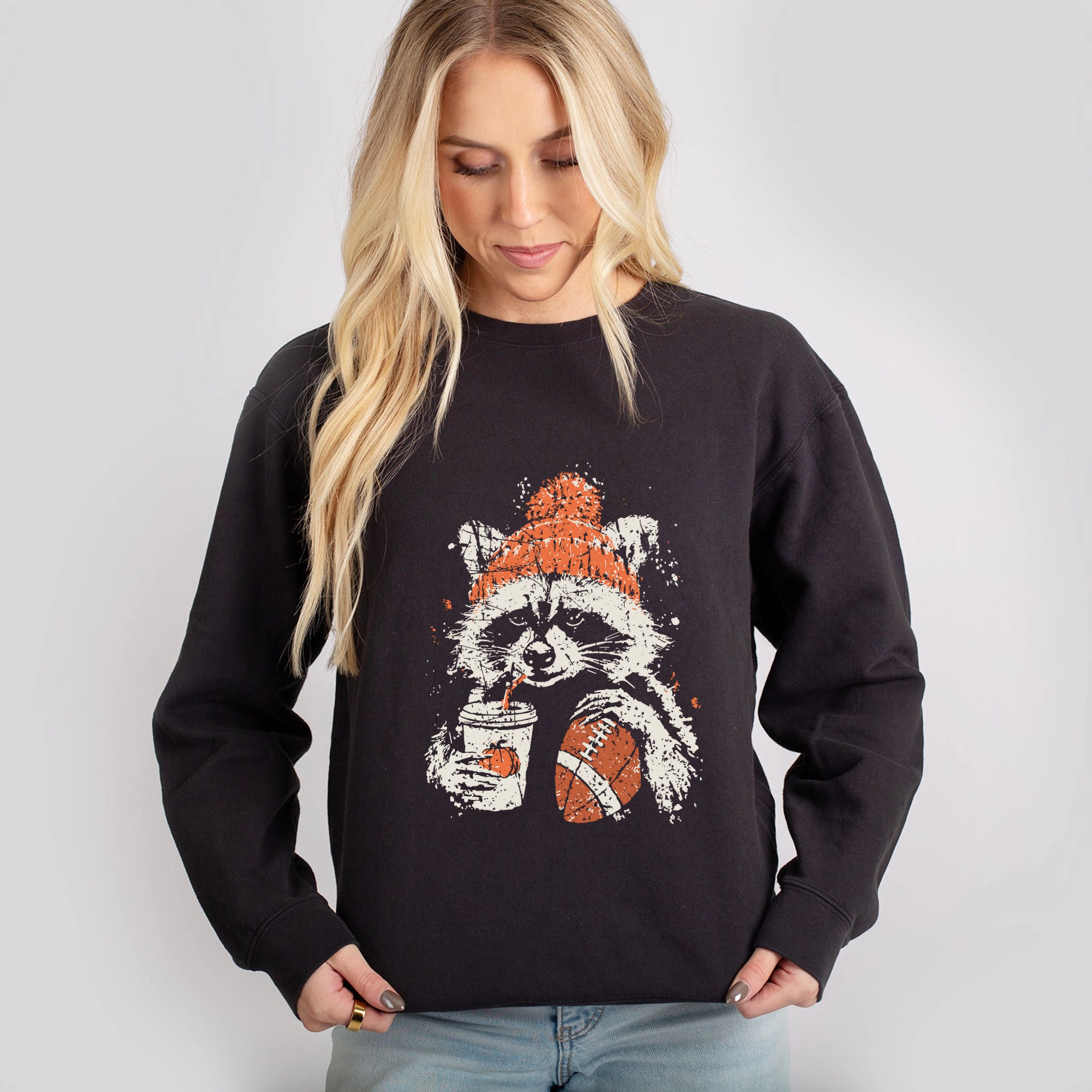 Simply Sage Market - Women's Lightweight Garment Dyed Sweatshirt Football Raccoon