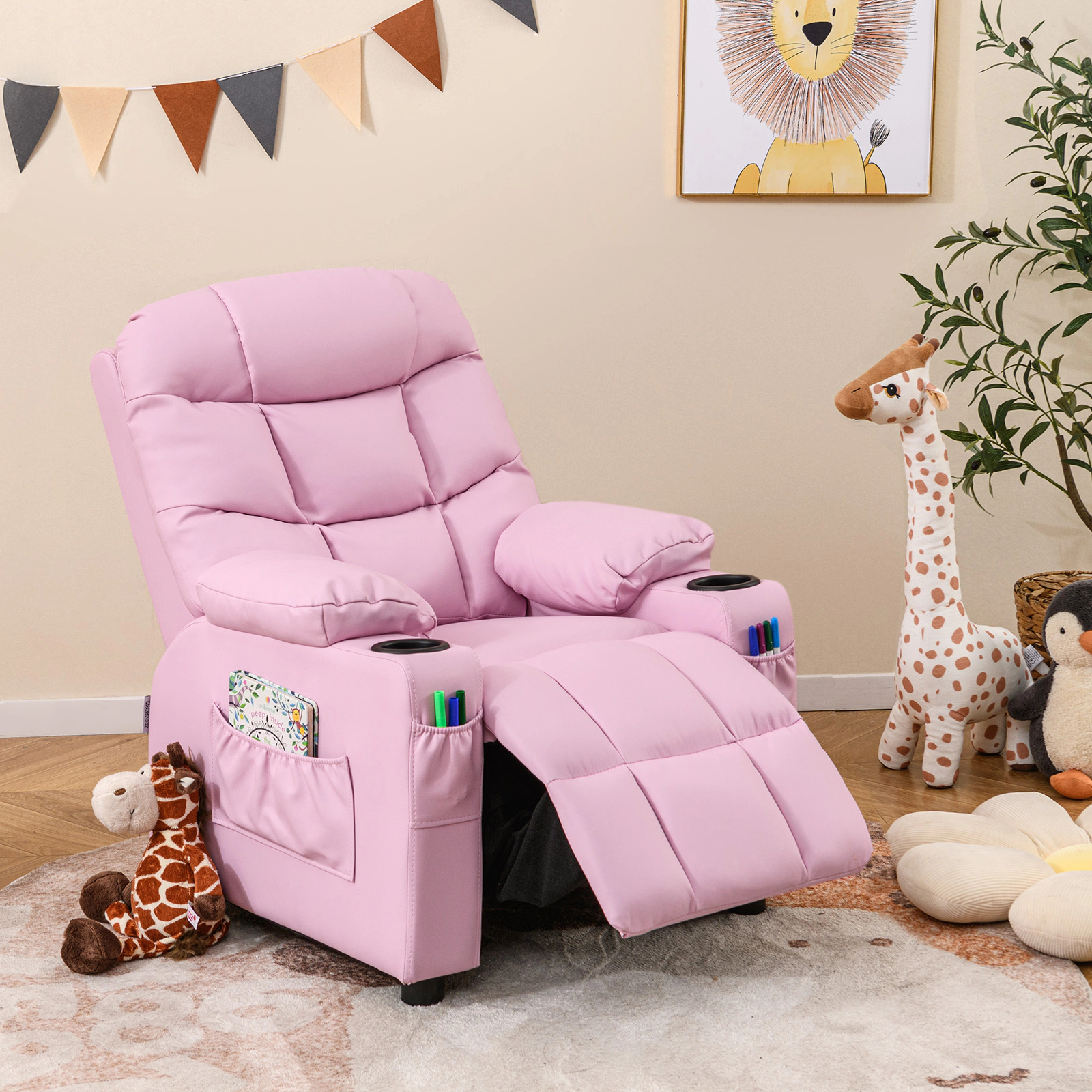 SUGIFT Adjustable Kids Recliner Chair with Cup Holder and Footrest 120-Lb Capacity Ages 3+ 26-in Wide Light Pink