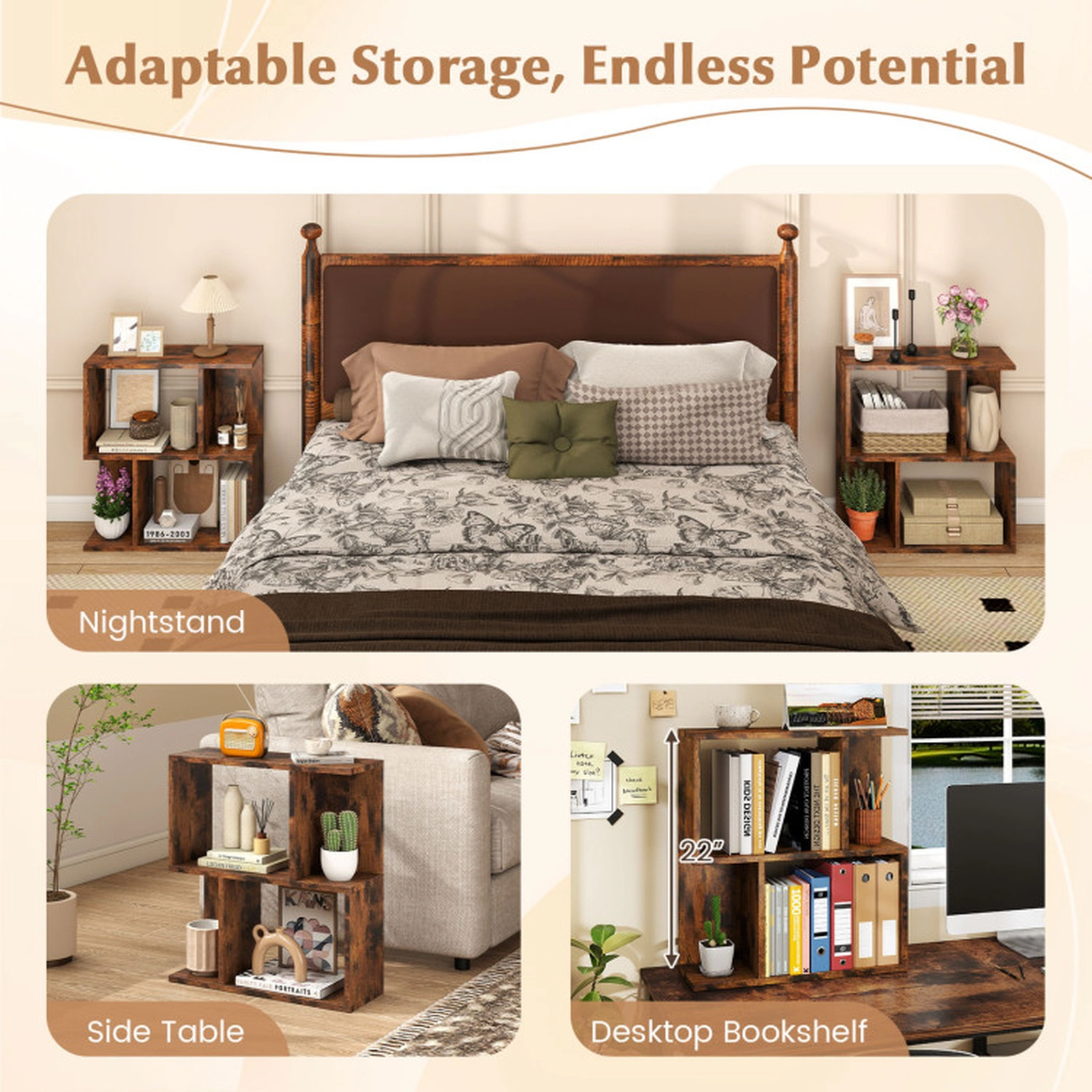 SUGIFT 3-Tier Rustic Brown 22-in Narrow Bookshelf Side Table 7-in Deep with 100-lb Top for Small Spaces