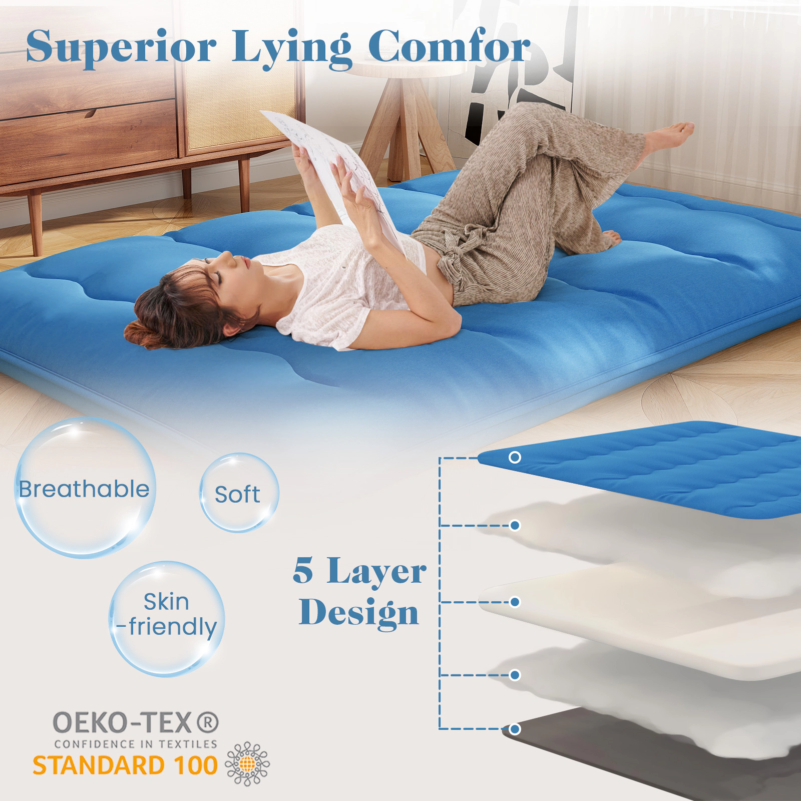 SUGIFT Blue Foldable Futon Mattress, 80 x 39 x 4 in, Washable Cover and Carry Bag