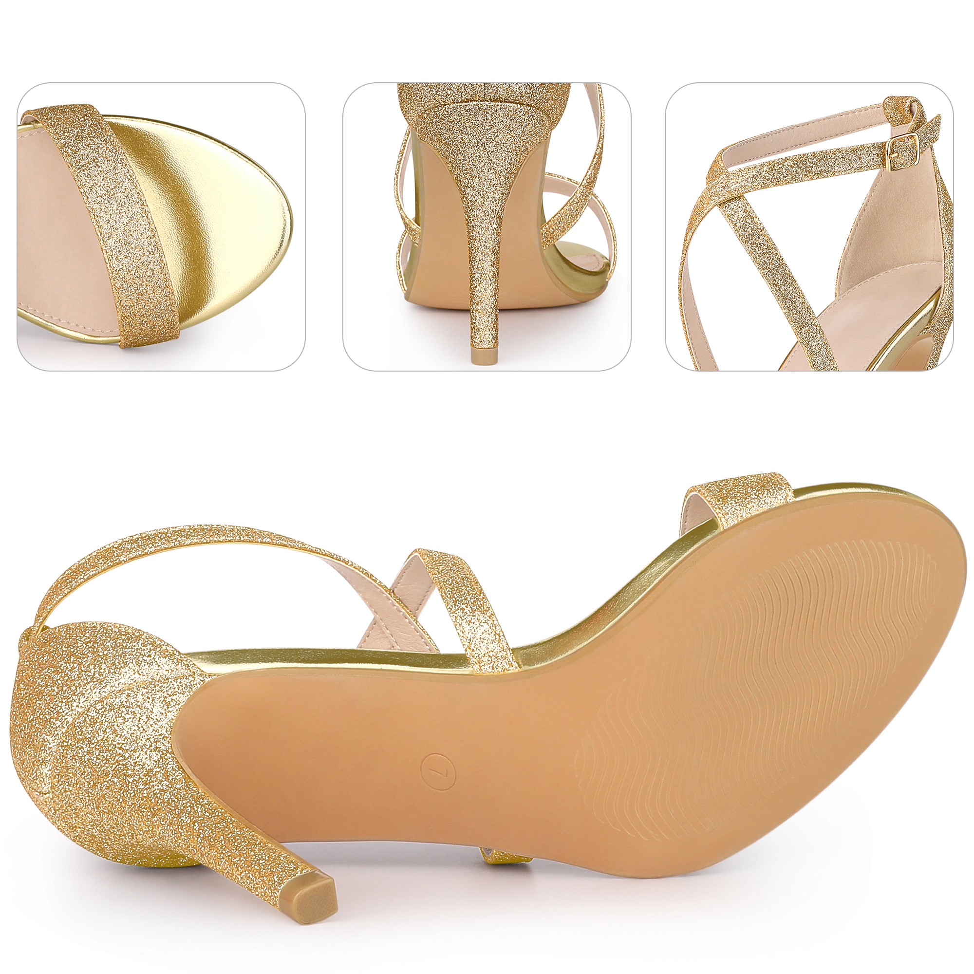 BLISSFUL STEP Women's Glitter Open Toe Crisscross Strappy Stiletto Heel Sandals