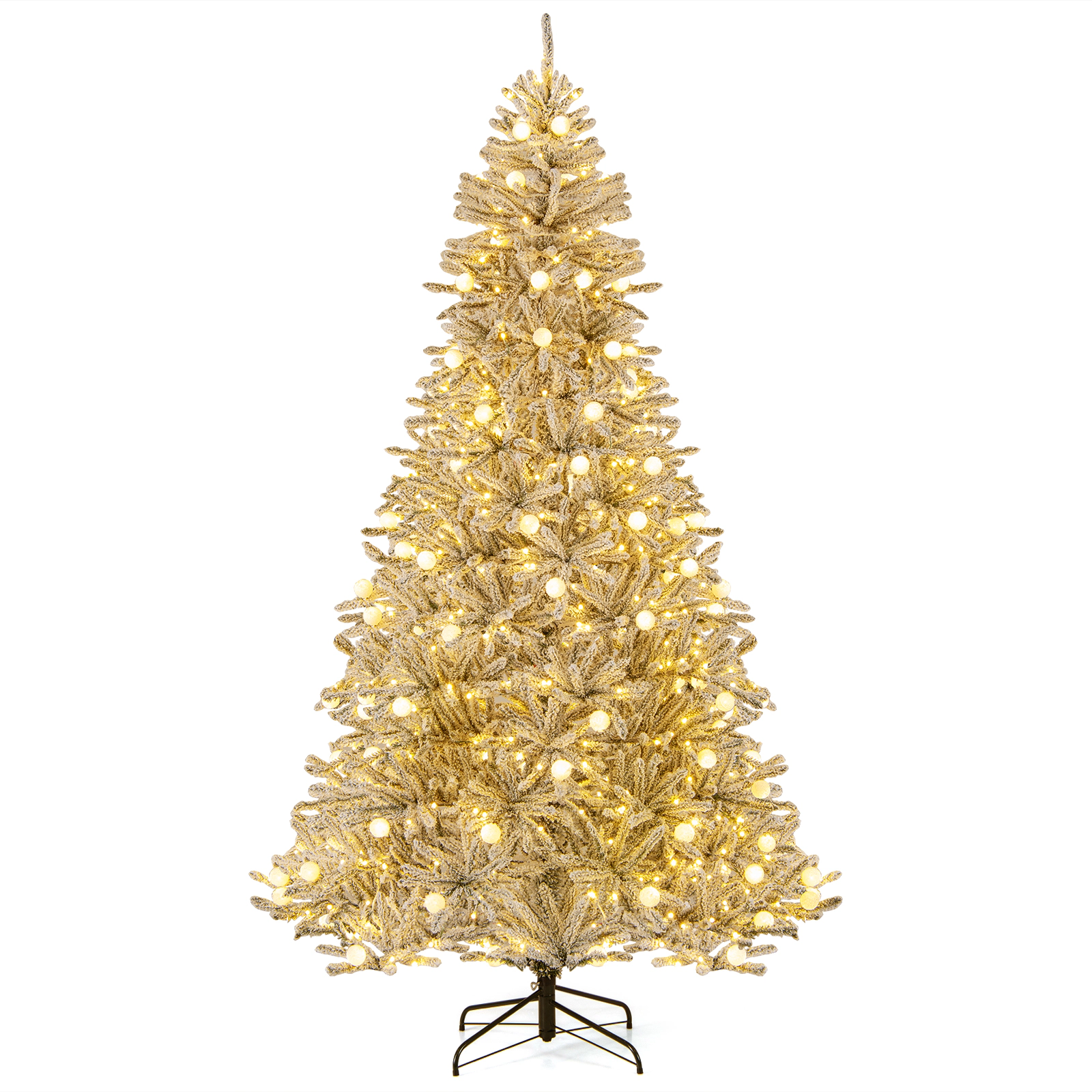 Costway 6/7/8 FT Snow-flocked Artificial Christmas Tree with 51/65/81 Sphere Lights 250/350/450 LED Lights