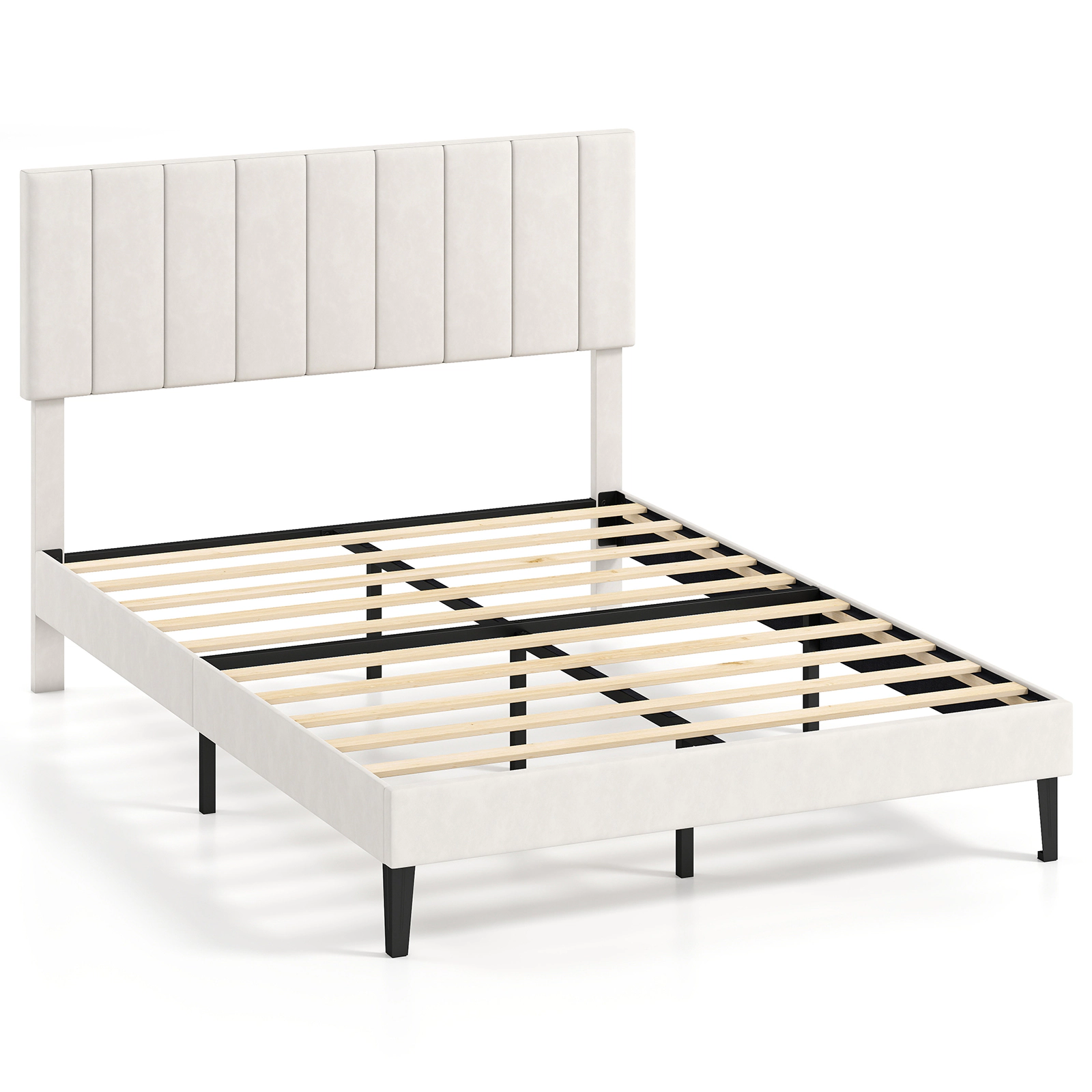SUGIFT Velvet Upholstered Full Size Platform Bed Frame with 3-Level Adjustable Headboard 800-lb Capacity Beige