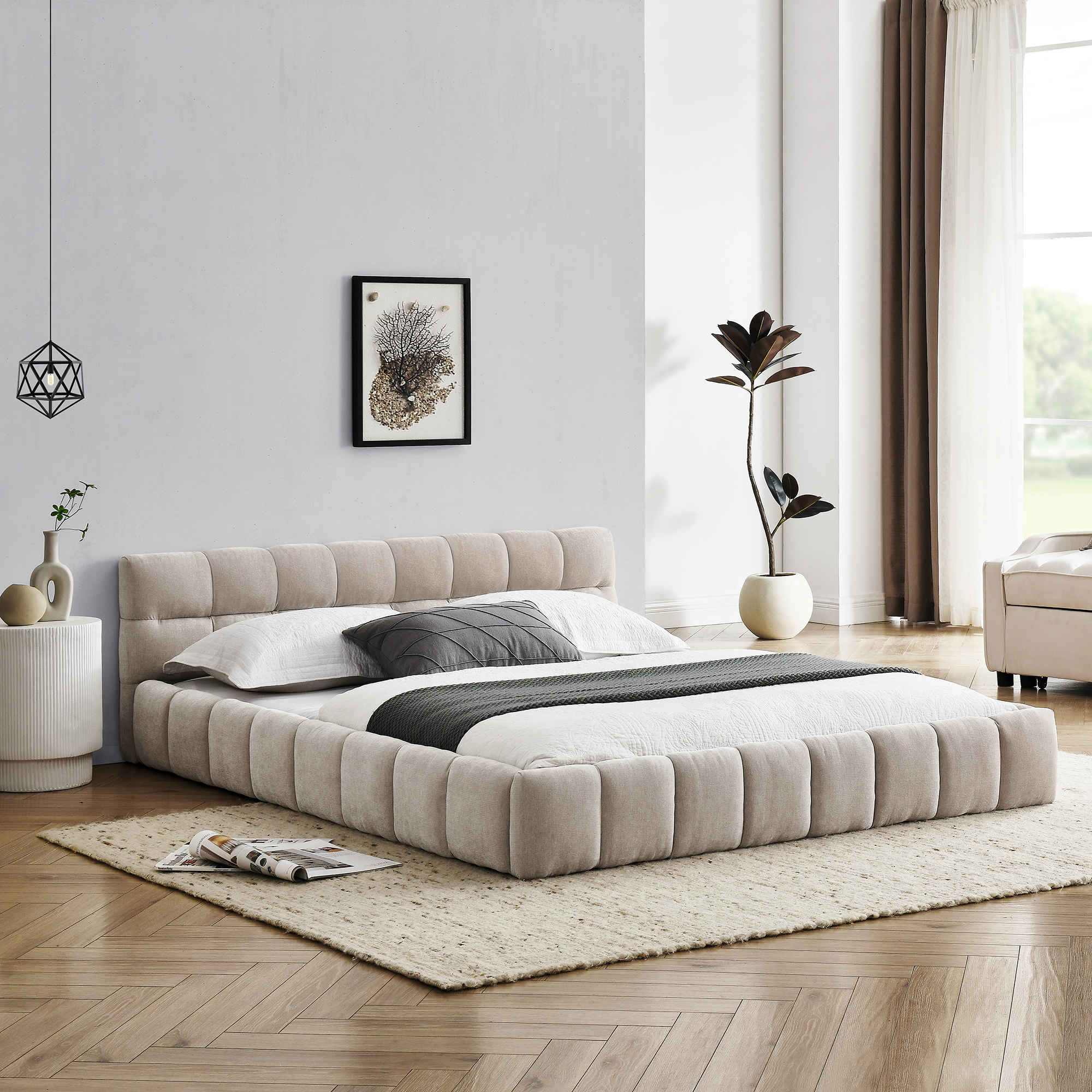 Flynama Queen Upholstered Platform Bed, Chenille Fabric with Headboard, Beige