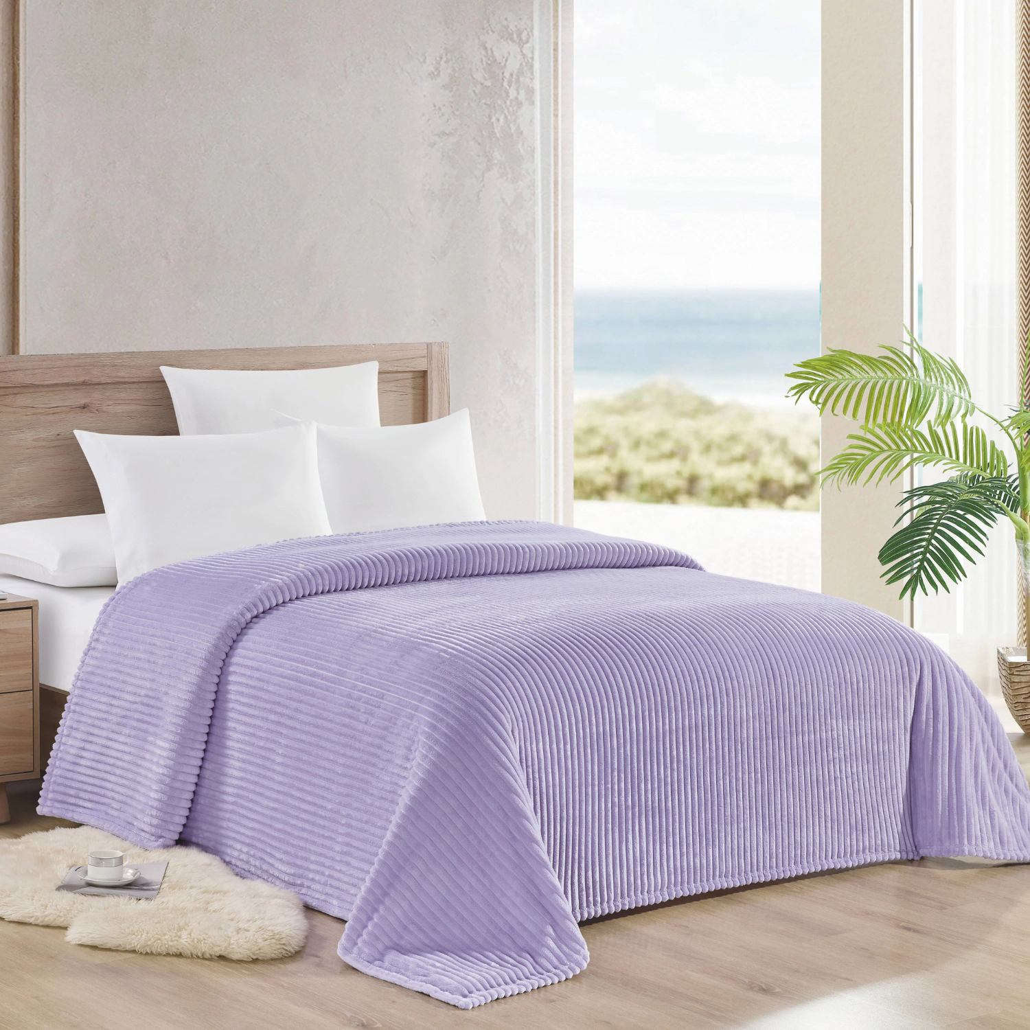 Plazatex Striata Lined Oversized All Season 100% Polyester Blanket Queen 90" x 90" Lilac