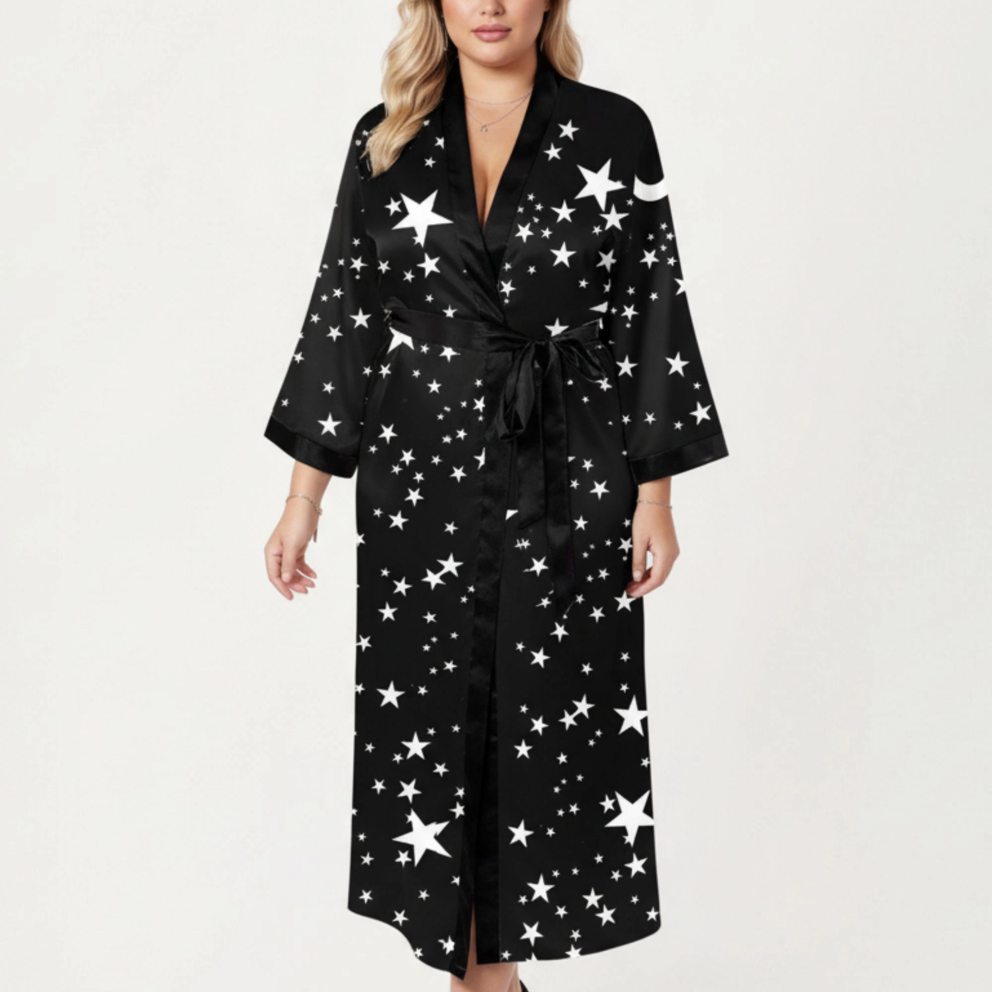 Anna-Kaci Women's Plus Star Print Long Robe with Soft Satin Feel Open Front Design and Adjustable Waist Tie