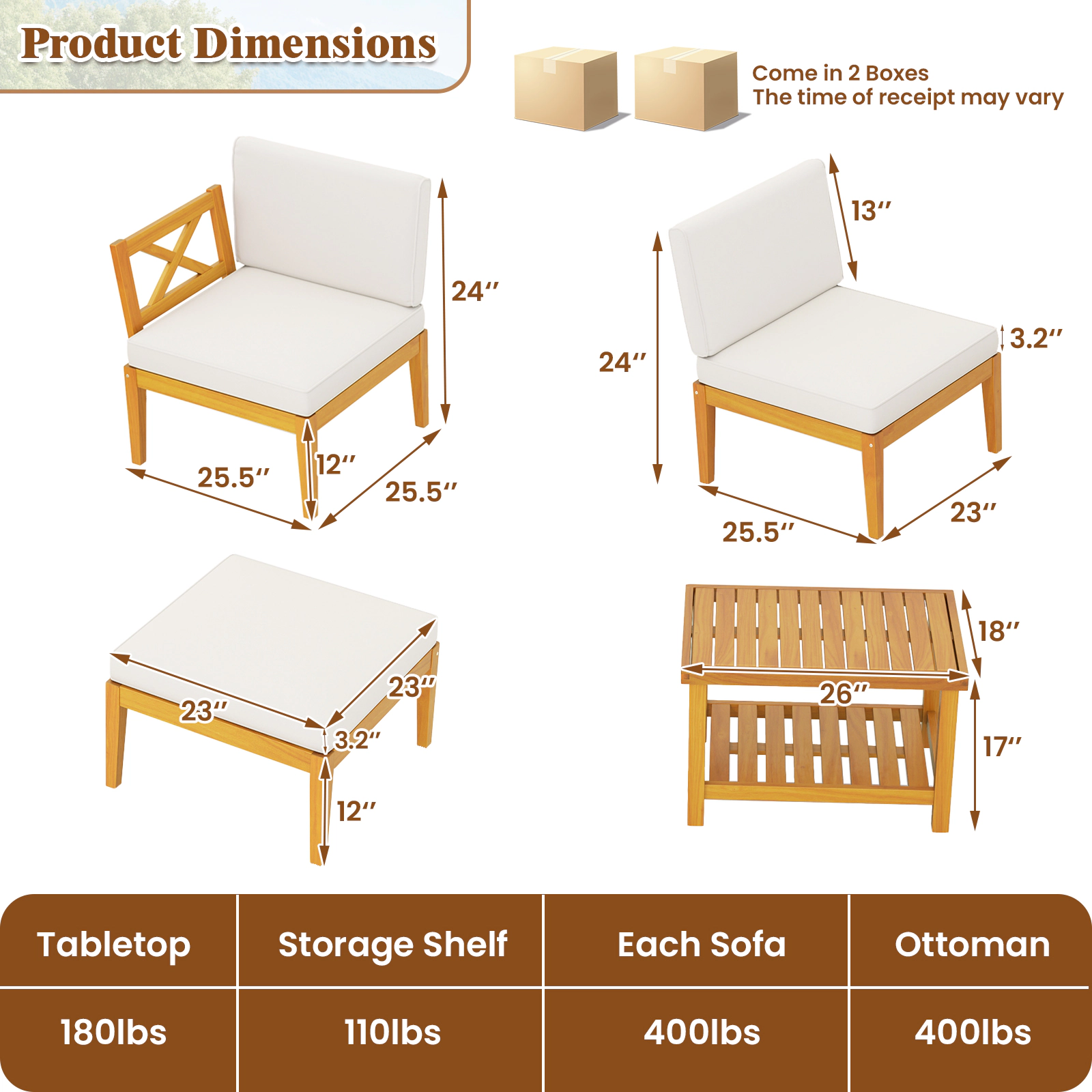 SUGIFT 2-Tier Coffee Table and Ottoman 5-Piece White Acacia Wood Patio Sectional Set