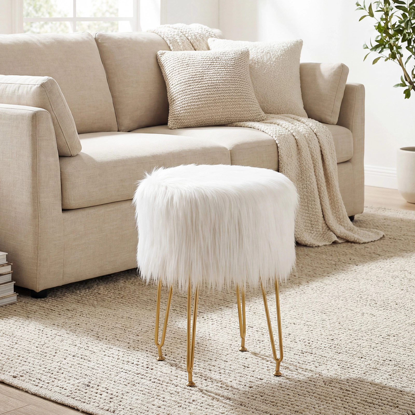 SUGIFT Faux Fur Vanity Stool Chair with Metal Legs 330-lb Capacity White