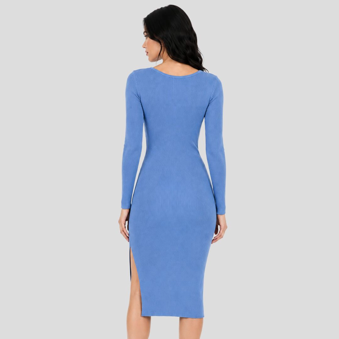 Artyska Women's Long Sleeve Round Neck Bodycon Slit Ribbed Dress