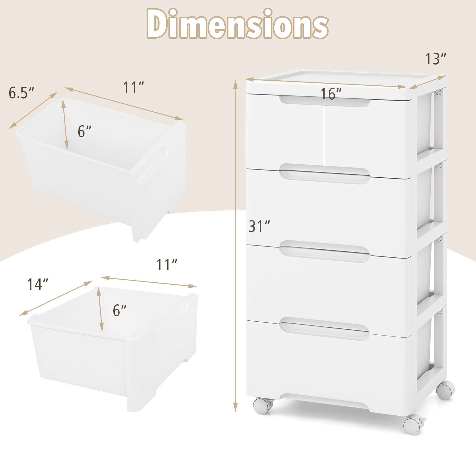SUGIFT White Universal Wheels and Cabinet Top 5-Drawer Rolling Storage Cart