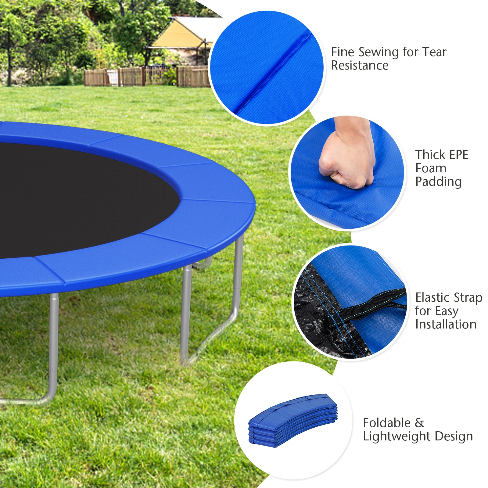 12-ft Trampoline Safety Pad Replacement Waterproof Spring Cover 0.6-in EPE Foam Elastic Straps Round Frames Blue