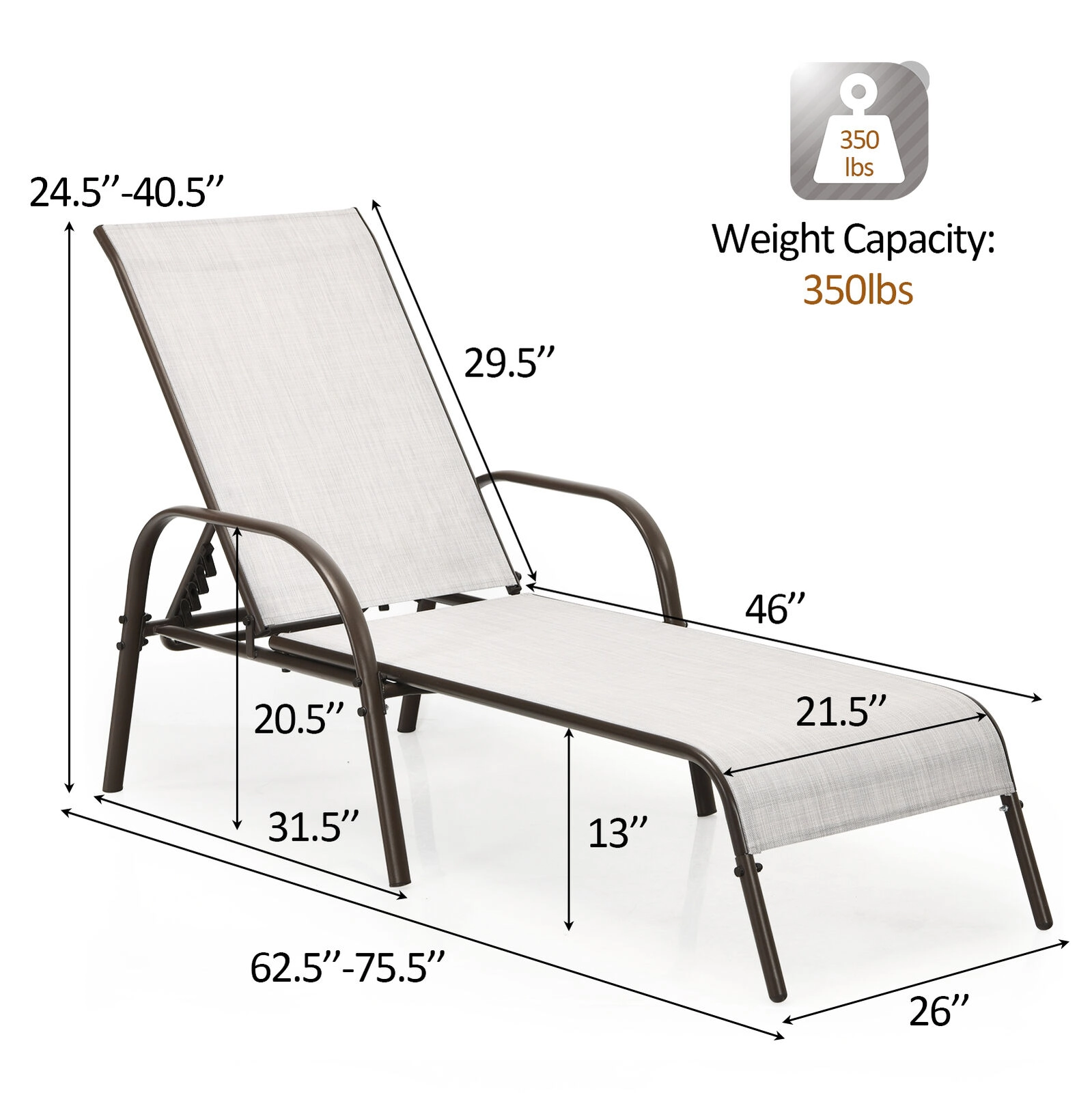 SUGIFT Armrests 350-lb Each Set of 2 Gray Patio Chaise Lounge Chairs 5-Position Backrest