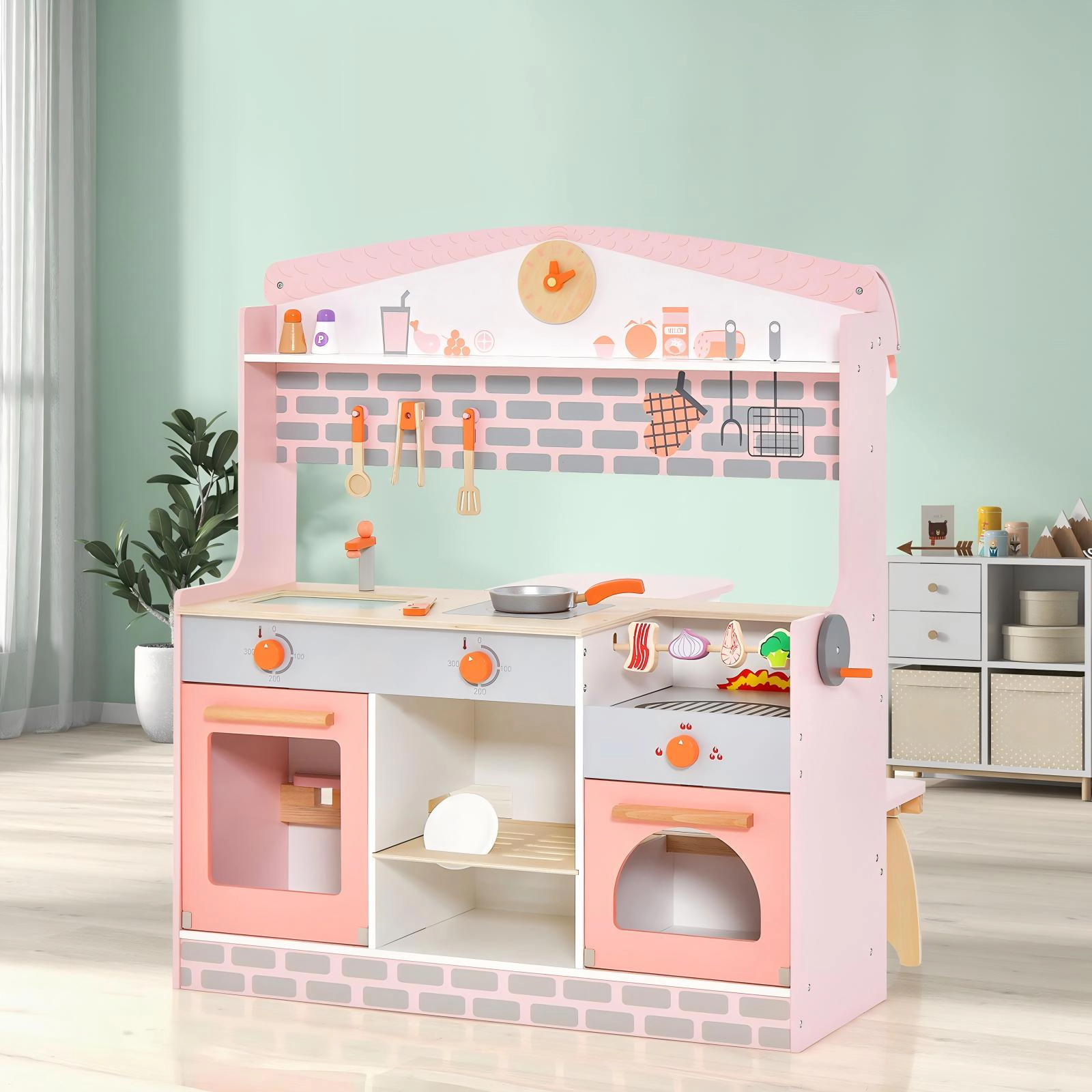 SUGIFT Double-Sided Kids Play Kitchen and Diner Set with Canopy, 2 Seats and 14 Accessories 31-in Tall Pink