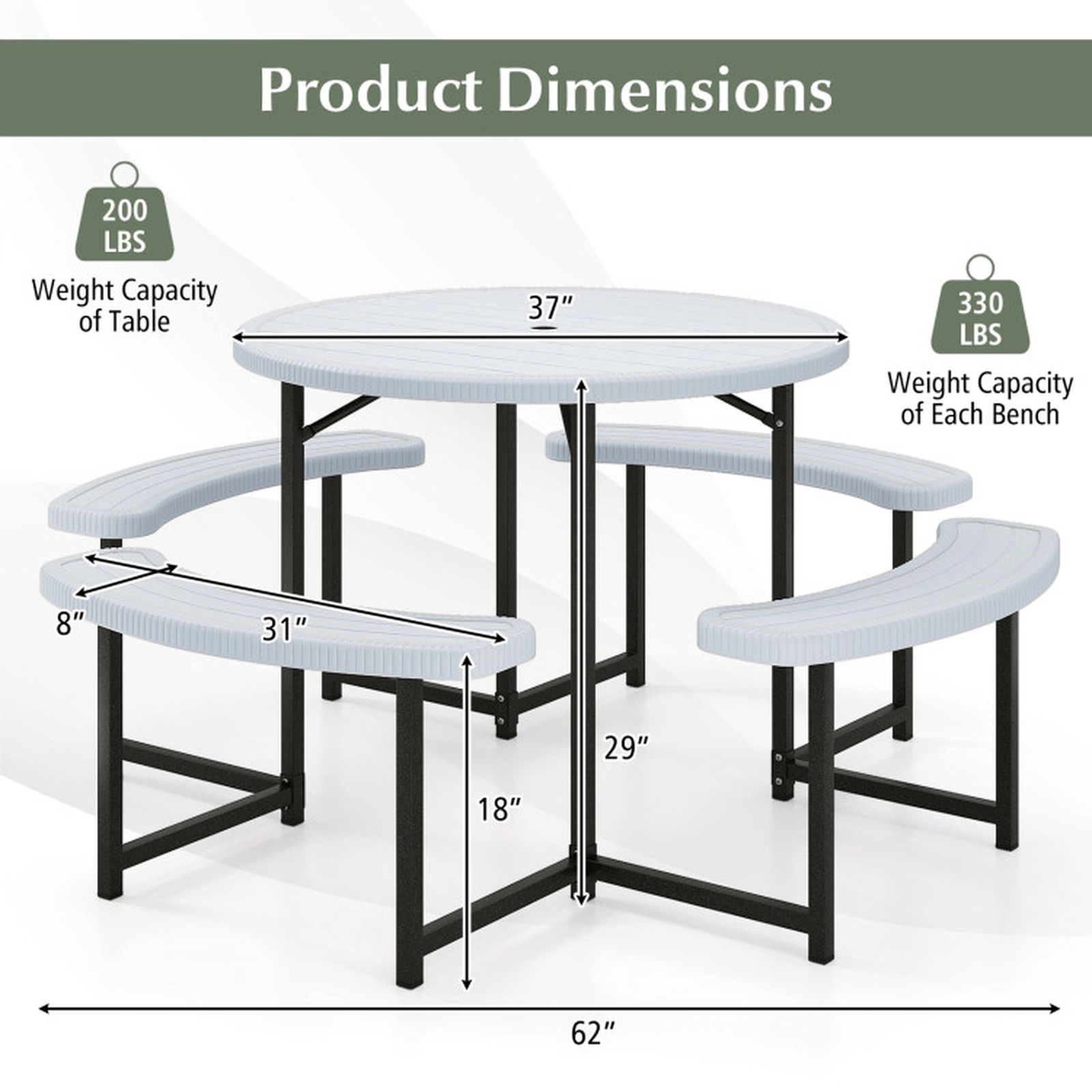 SUGIFT White Round Picnic Table with 4 Curved Benches and Umbrella Hole 37-in Dia 29-in H 200-lb Tabletop Capacity