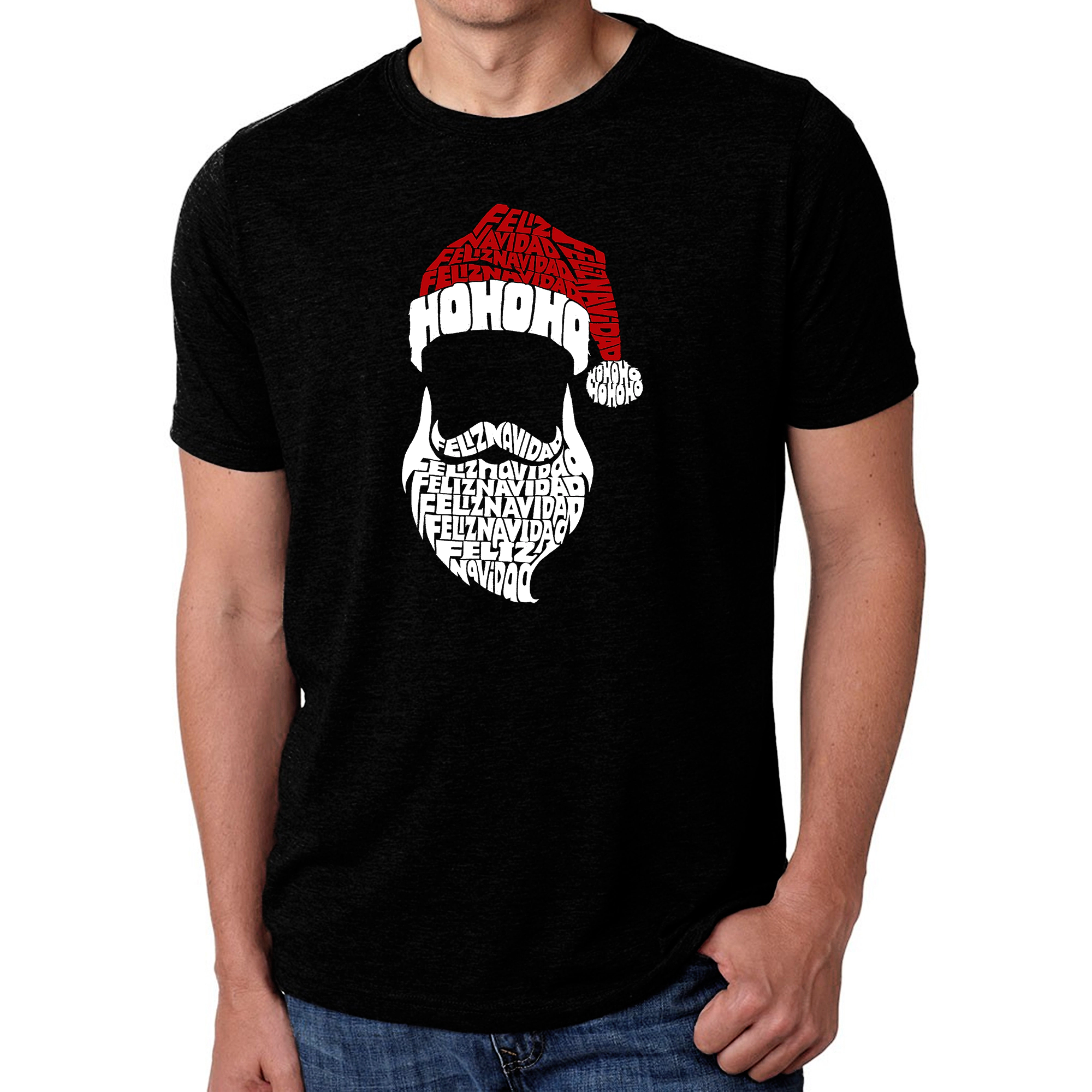 LA Pop Art Men's Cotton/Poly Blend Word T-Shirt - Feliz Navidad Santa Claus
