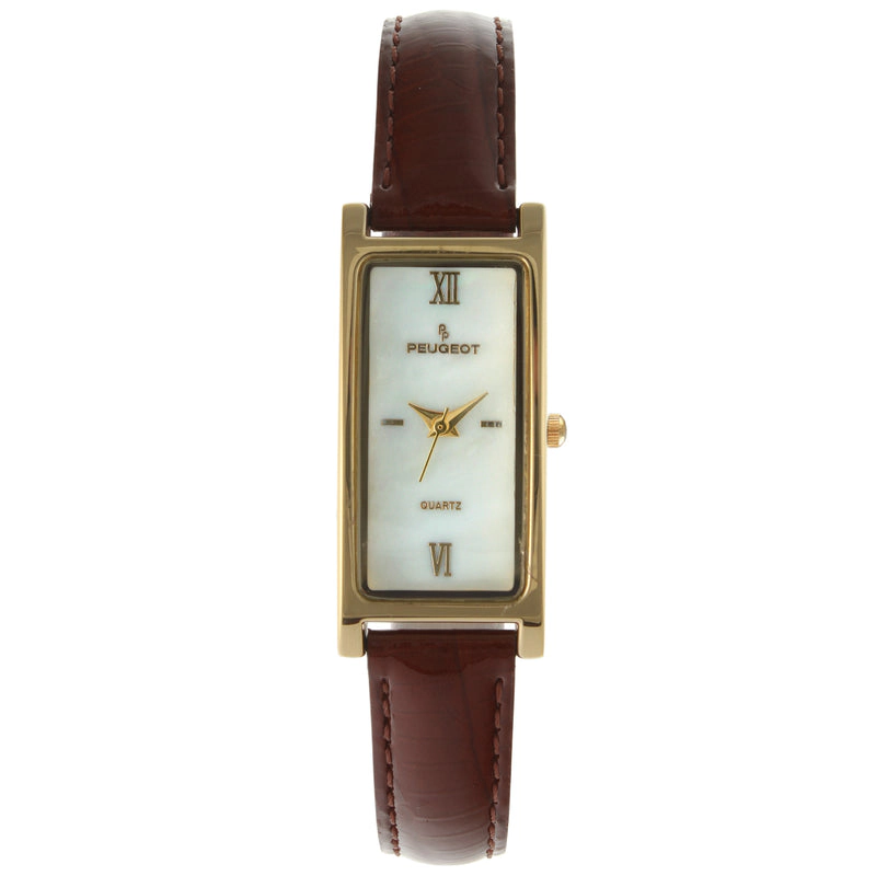 Peugeot Women's Rectangular Gold-Tone Case Watch Glossy Brown Leather Strap