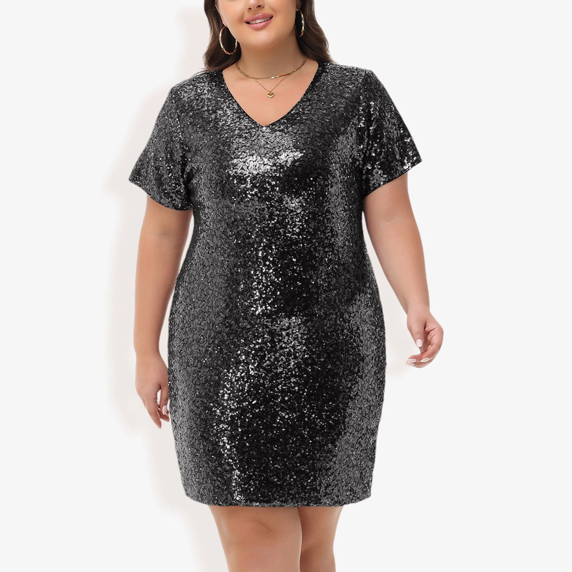 Anna-Kaci Women's Plus Sequin V Neck Short Sleeve Party Dress