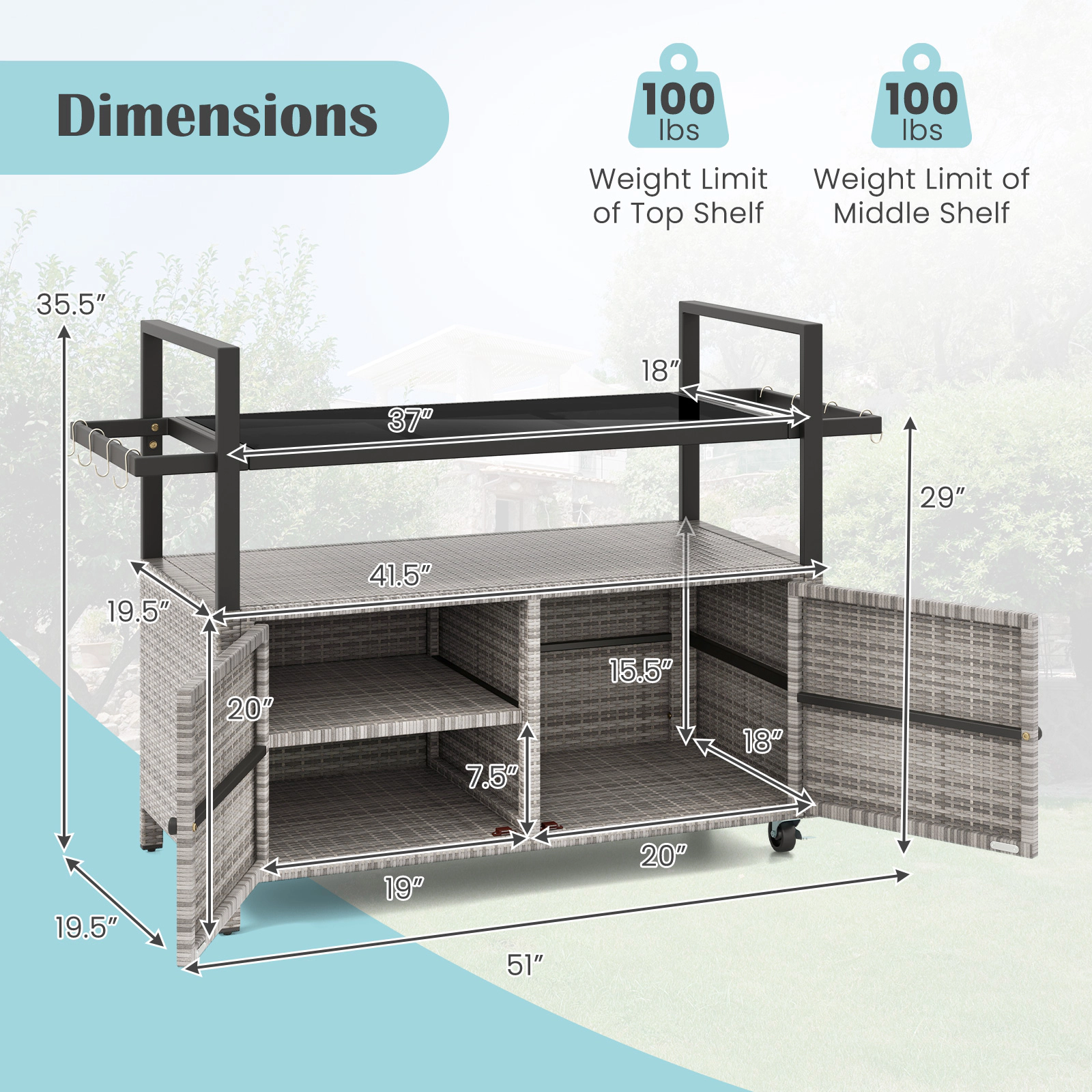 SUGIFT 51-in Wicker Outdoor Bar Cart with Tempered Glass Top 2-Door Cabinet and 8 Removable Hooks