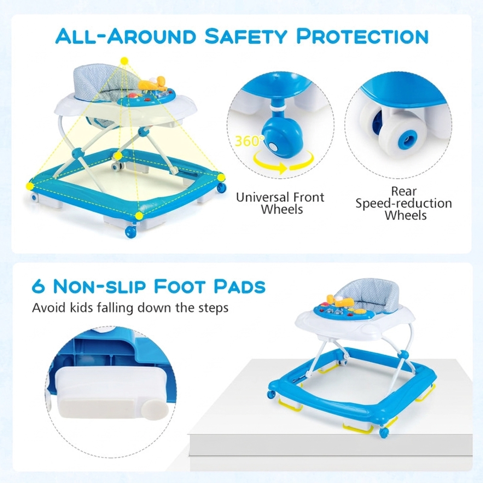 SUGIFT Baby Blue Foldable Walker with Music Tray and 3 Adjustable Heights 24.5-in W 24-in D 26.5-lb Seat Capacity