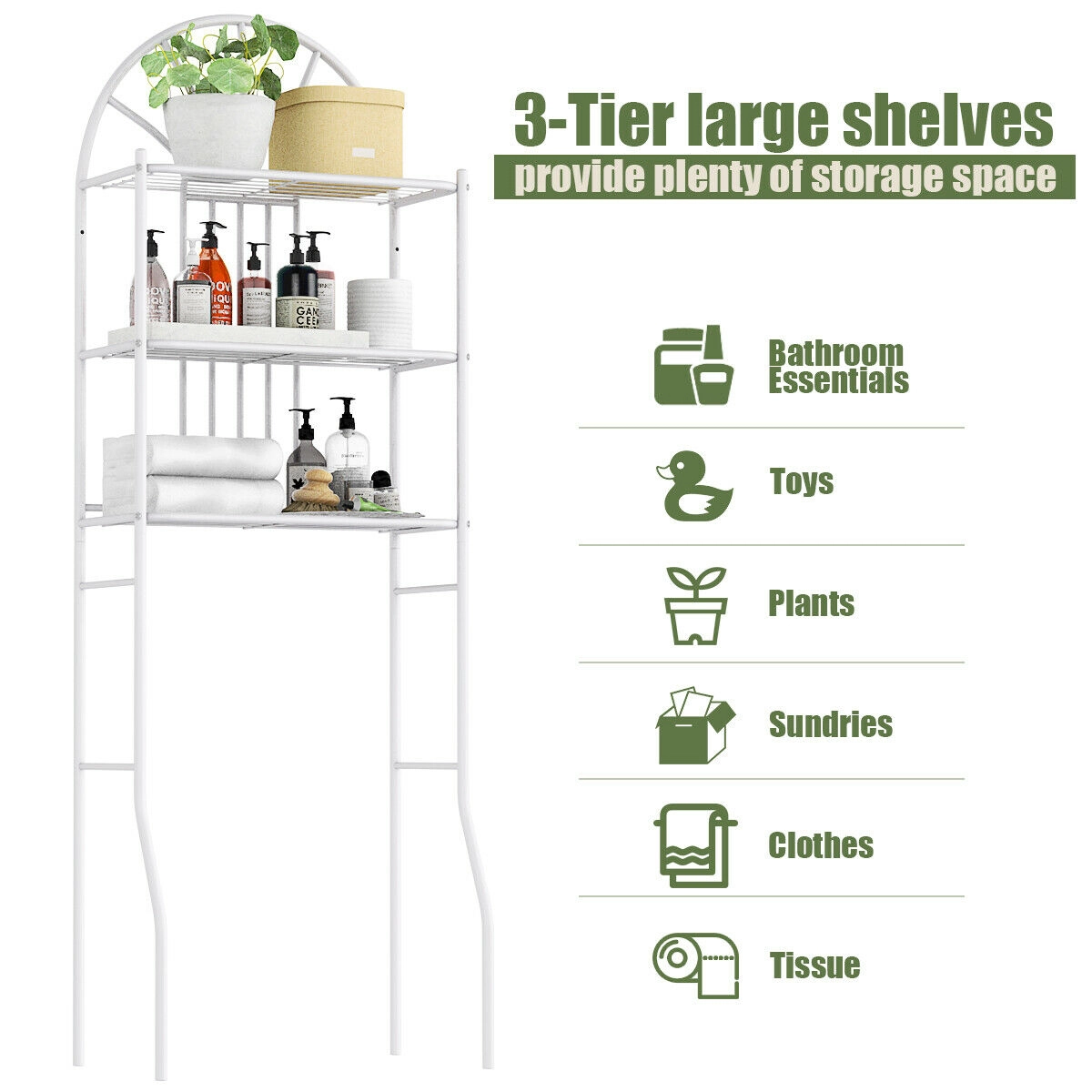 Slickblue Over The Toilet Bathroom Storage Rack with 3 Tier Shelves and Metal Frame