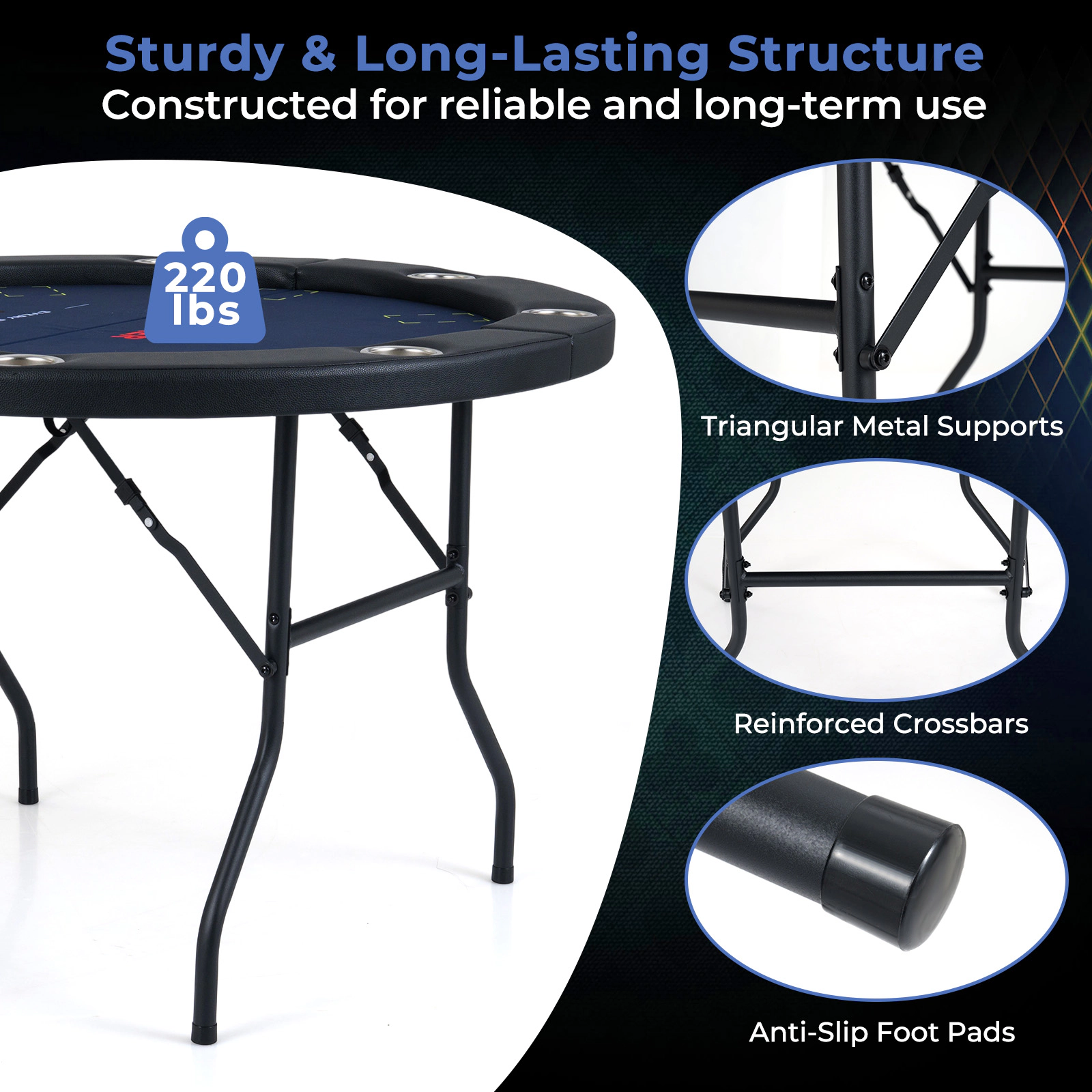 SUGIFT 48-in 220-lb Capacity 8-Player Folding Poker Table with Metal Cup Holders and Padded PU Leather Rail