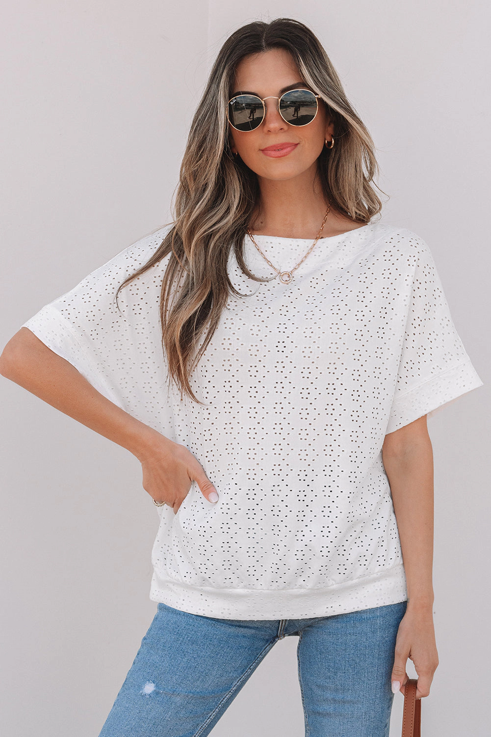 Threaded Pear Women's Faye Eyelet Pattern Casual Top