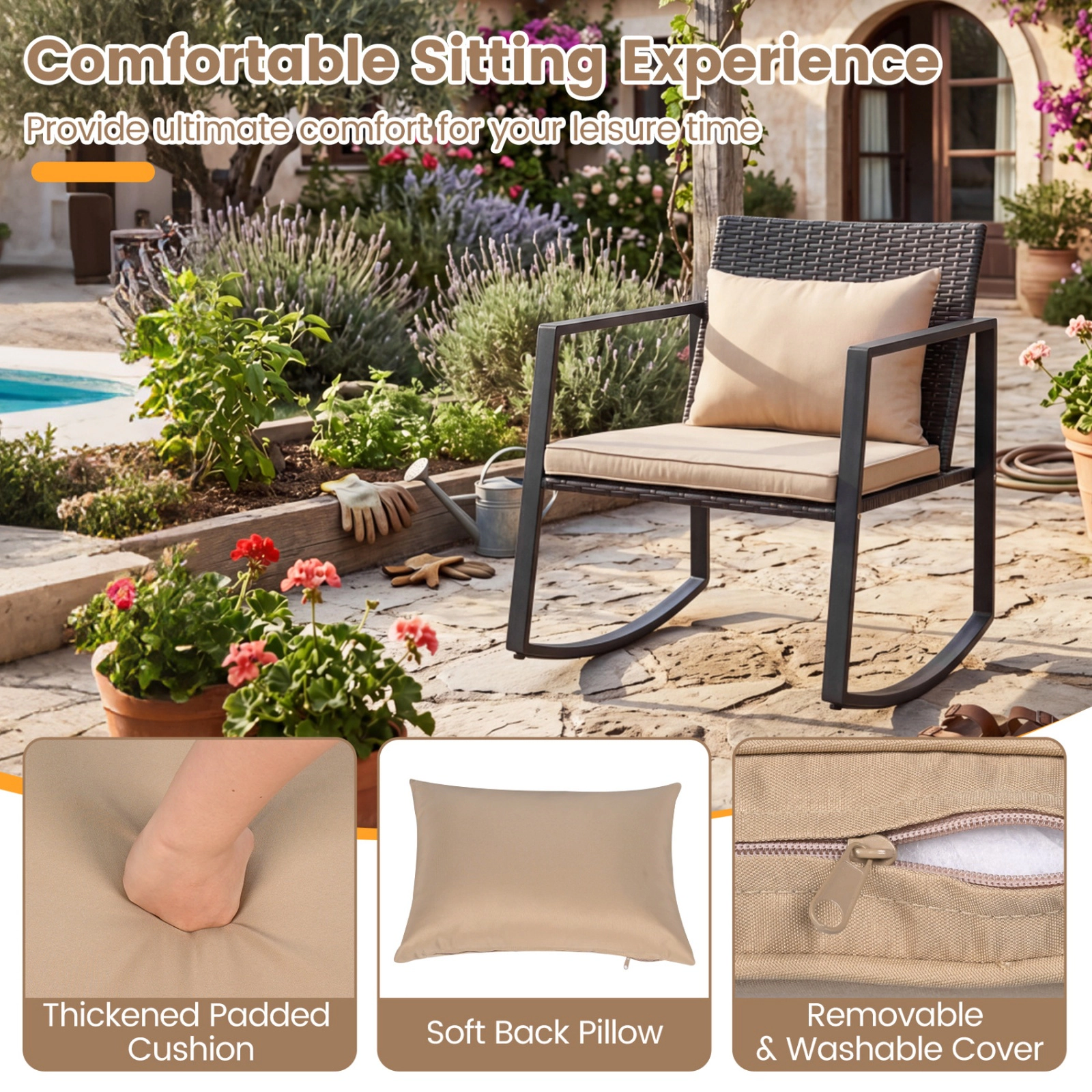 SUGIFT 3-Piece Black Outdoor Rocking Bistro Set with Cushioned Chairs and Glass Table
