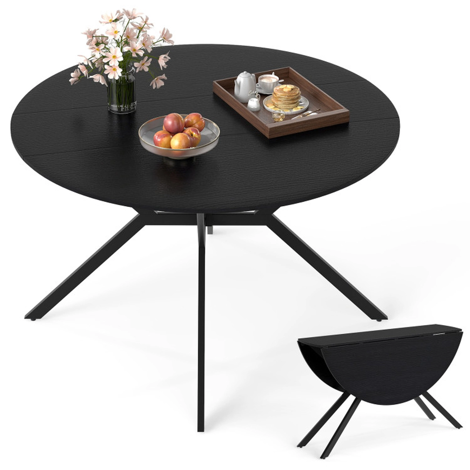 SUGIFT Folding Extendable Round Dining Table with Drop Leaves 200-lb Capacity 47-in Top 36.5-lb Metal MDF Black
