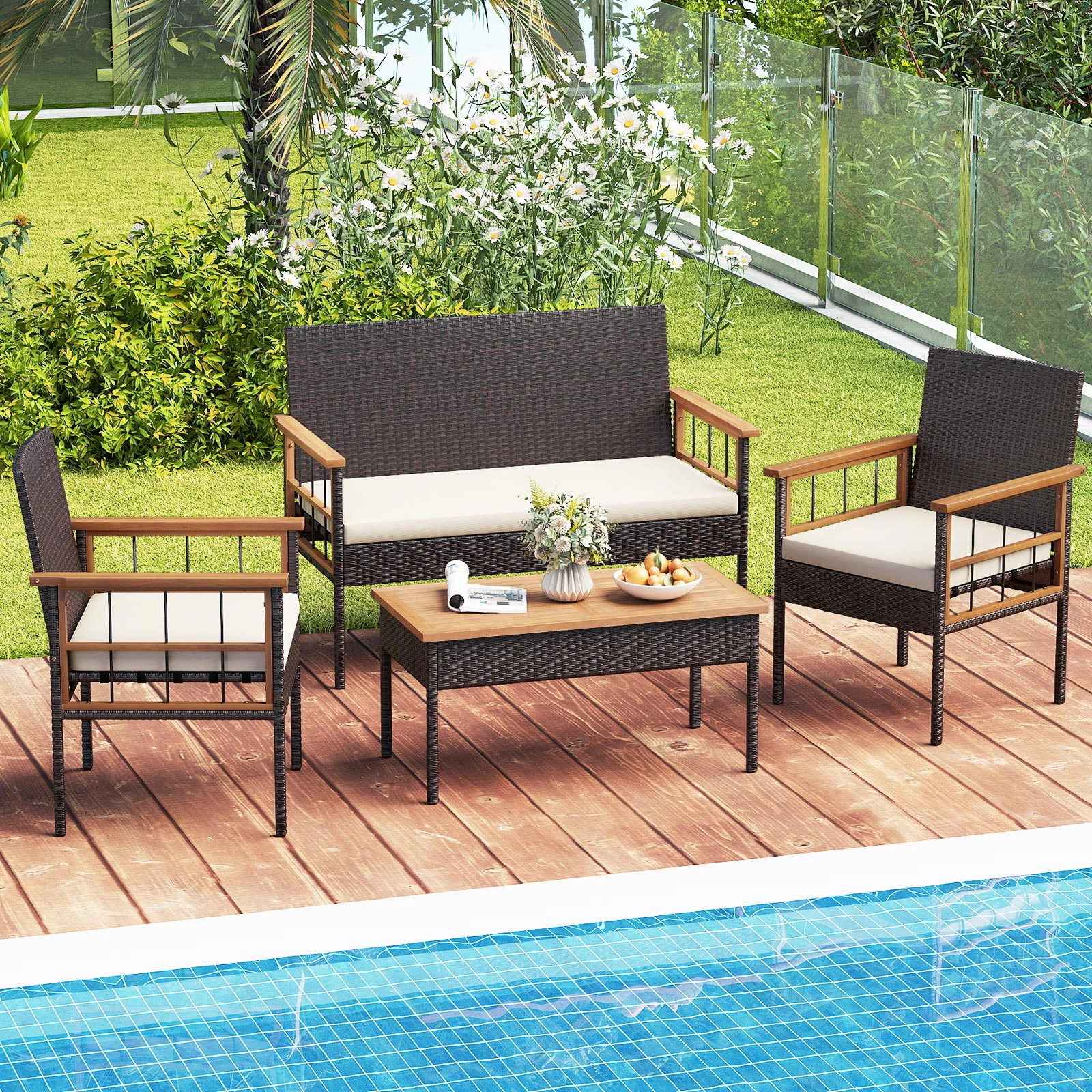 SUGIFT Acacia Wood Tabletop and Armrests 4-Piece White Cushioned Wicker Patio Set