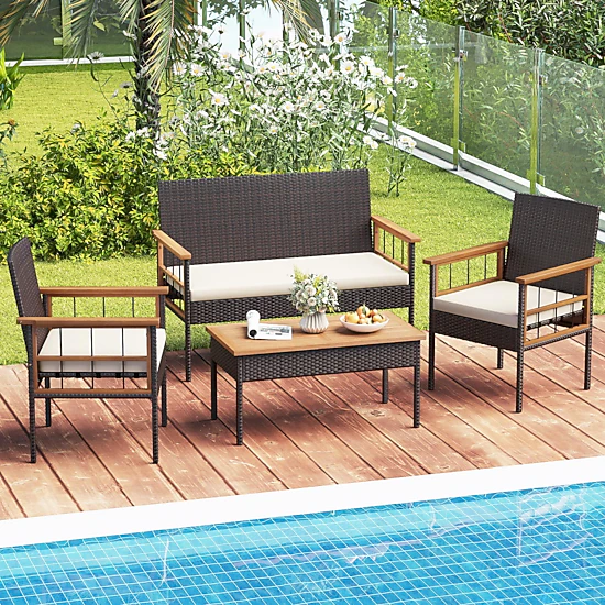 SUGIFT Acacia Wood Tabletop and Armrests 4-Piece White Cushioned Wicker Patio Set
