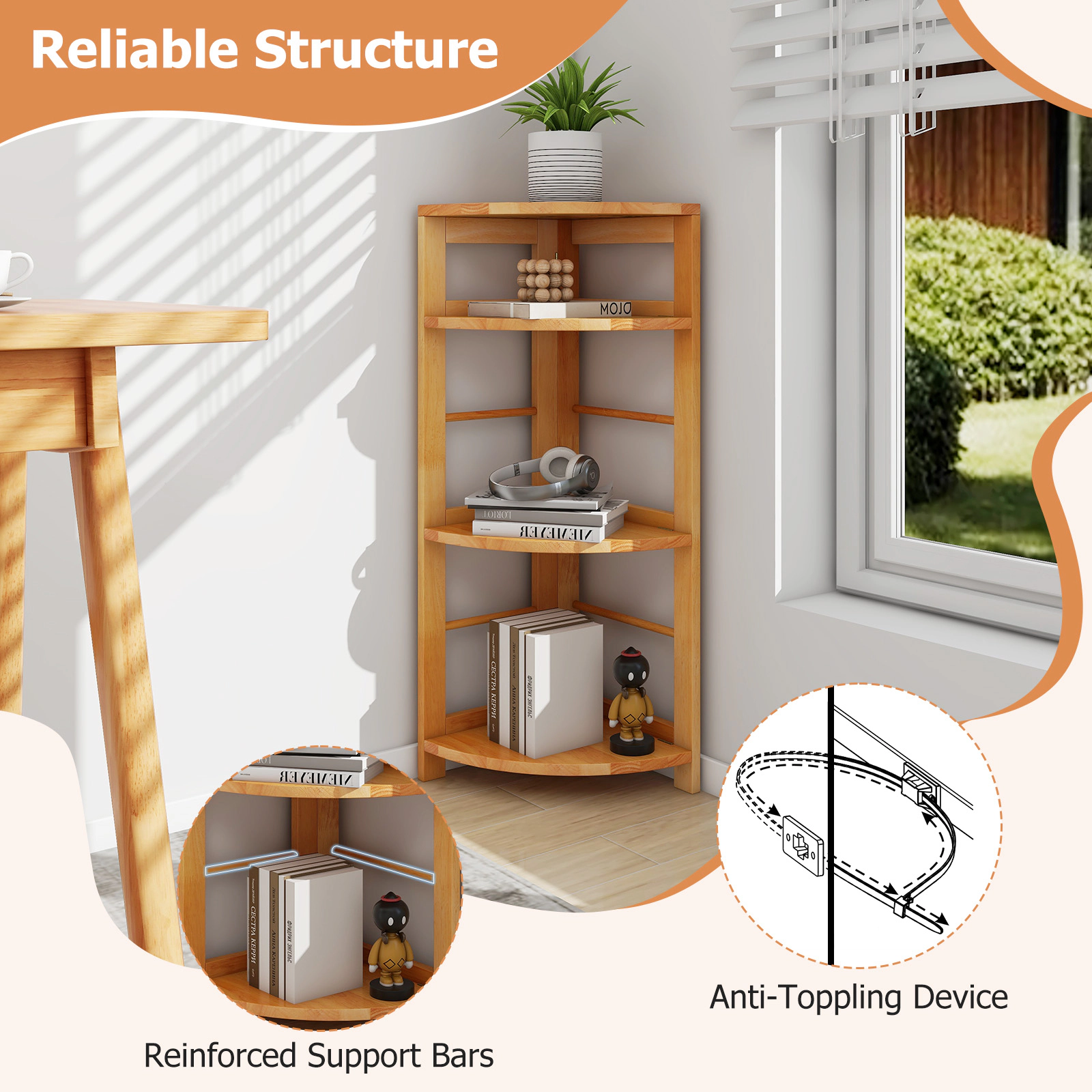 Hivvago 4-Tier Corner Shelf with Rubber Wood Frame and Anti-Toppling Kit