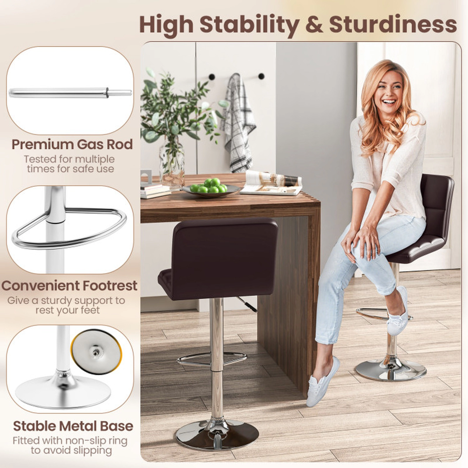 SUGIFT Upholstered Adjustable Swivel Bar Stools with Back and Footrest 250-Lb Capacity 21-in Wide Brown Set of 2