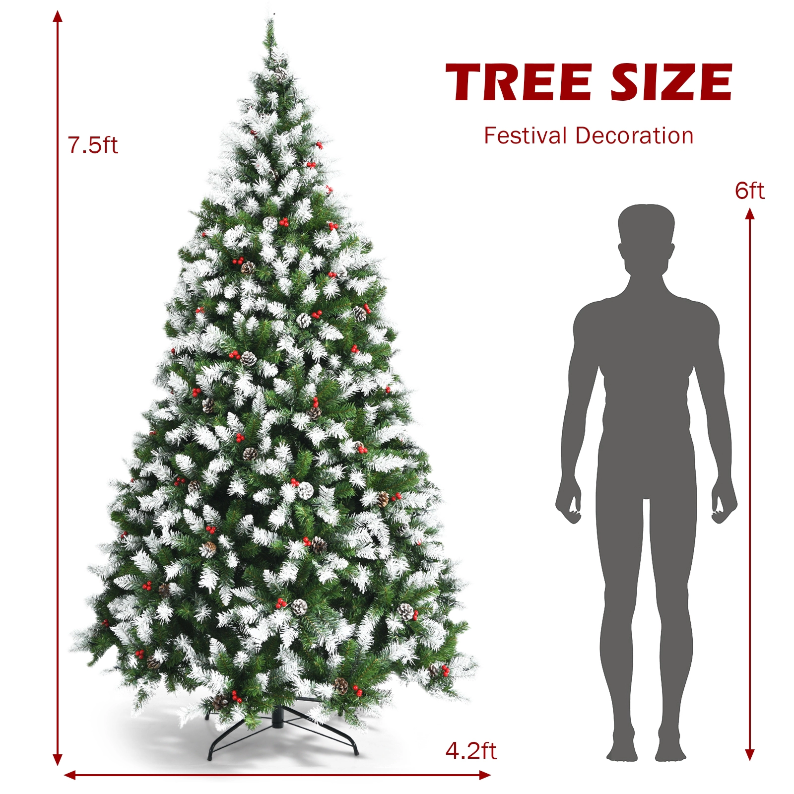 SUGIFT Pre-Lit Snow Sprayed Christmas Tree with PVC Branch Tips and Metal Stand