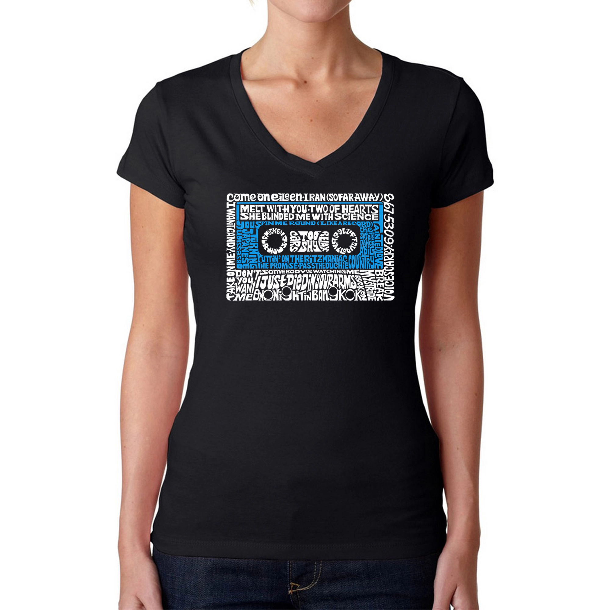 LA Pop Art Womens Word V-Neck T-Shirt - 80s One Hit Wonders