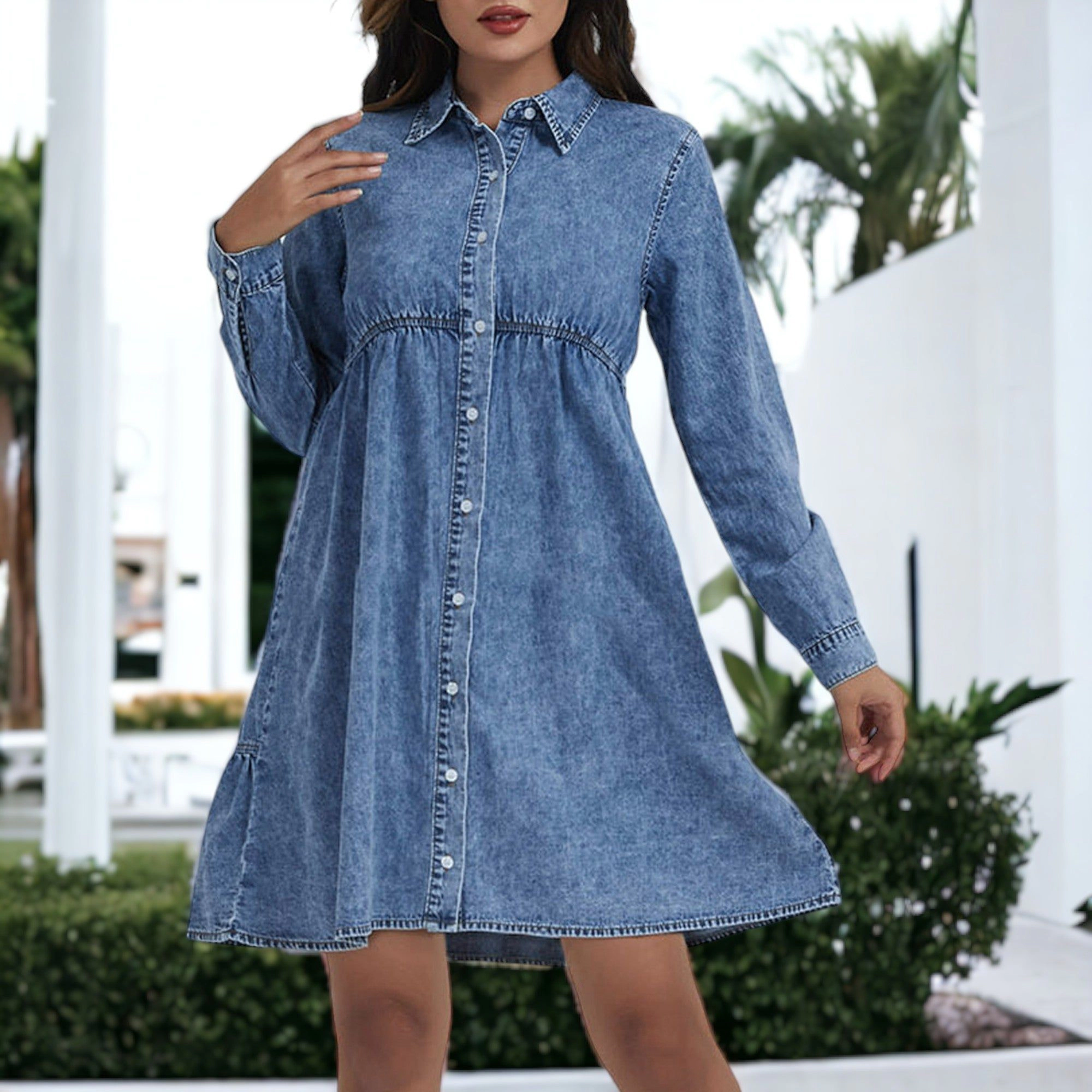 Anna-Kaci Women's Button Front Tiered Denim Shirt Dress