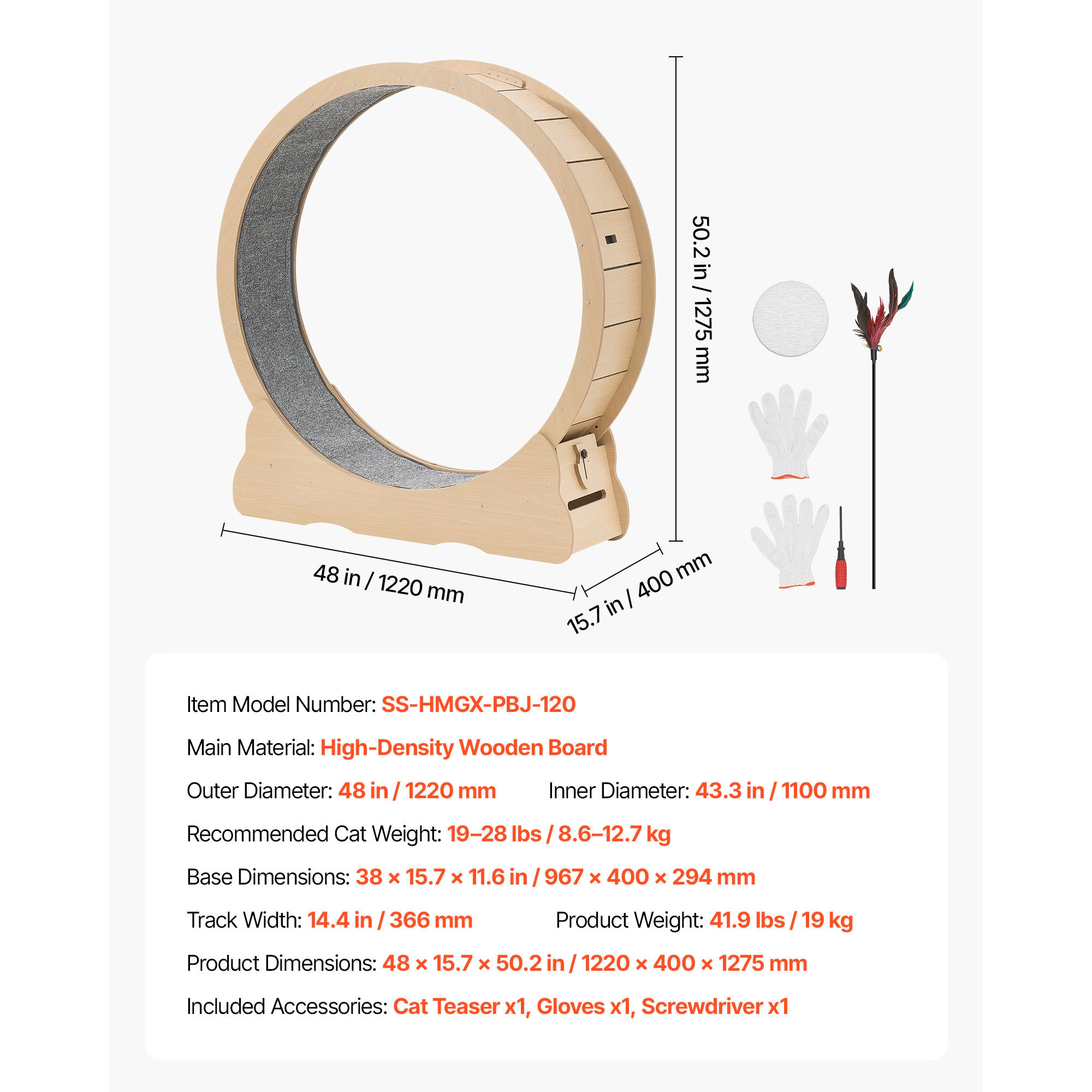 HONGGE 48-Inch Wooden Cat Exercise Wheel for Medium to Large Cats Up to 28 lbs, Quiet Indoor Wheel