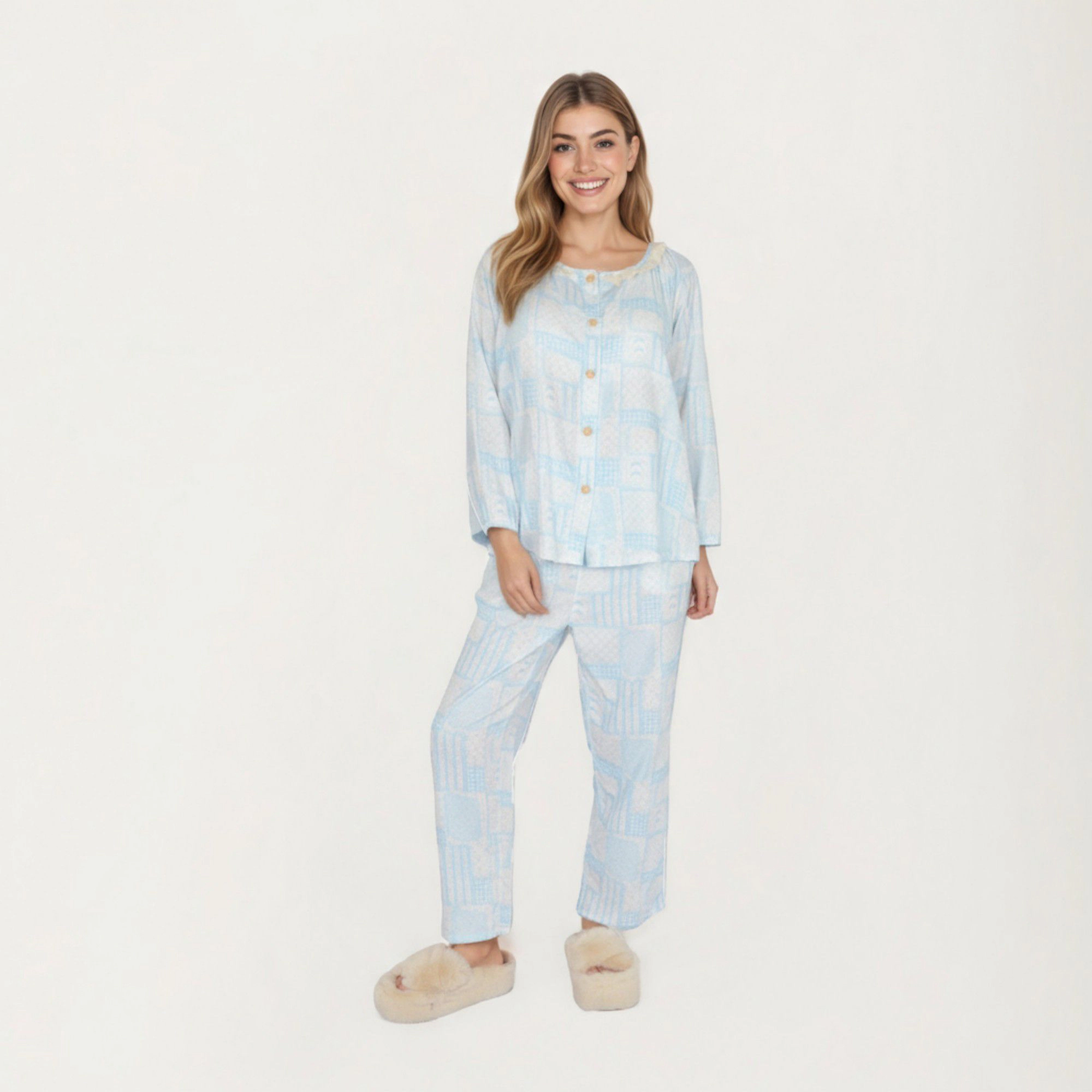 Anna-Kaci Women's 2-Piece Button Front Top with Built-In Chest Pads and Relaxed Pants Pajama Set Floral Print