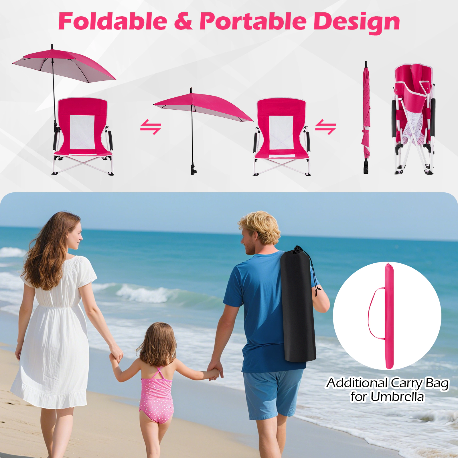 SUGIFT Set of 2 Low-Profile Beach Chairs with Detachable UPF 50 Umbrellas