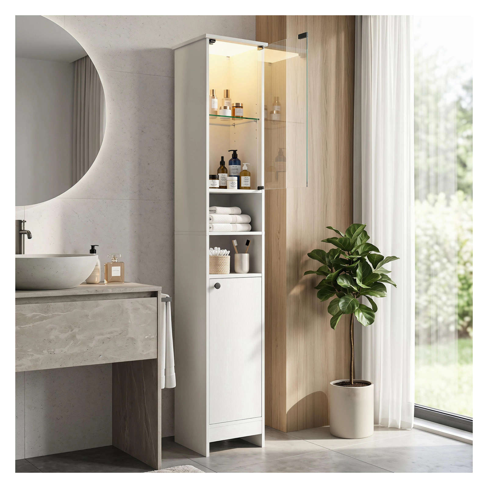 Glintex 67-Inch LED Bathroom Cabinet with Push-to-Open Tempered Glass Door, White