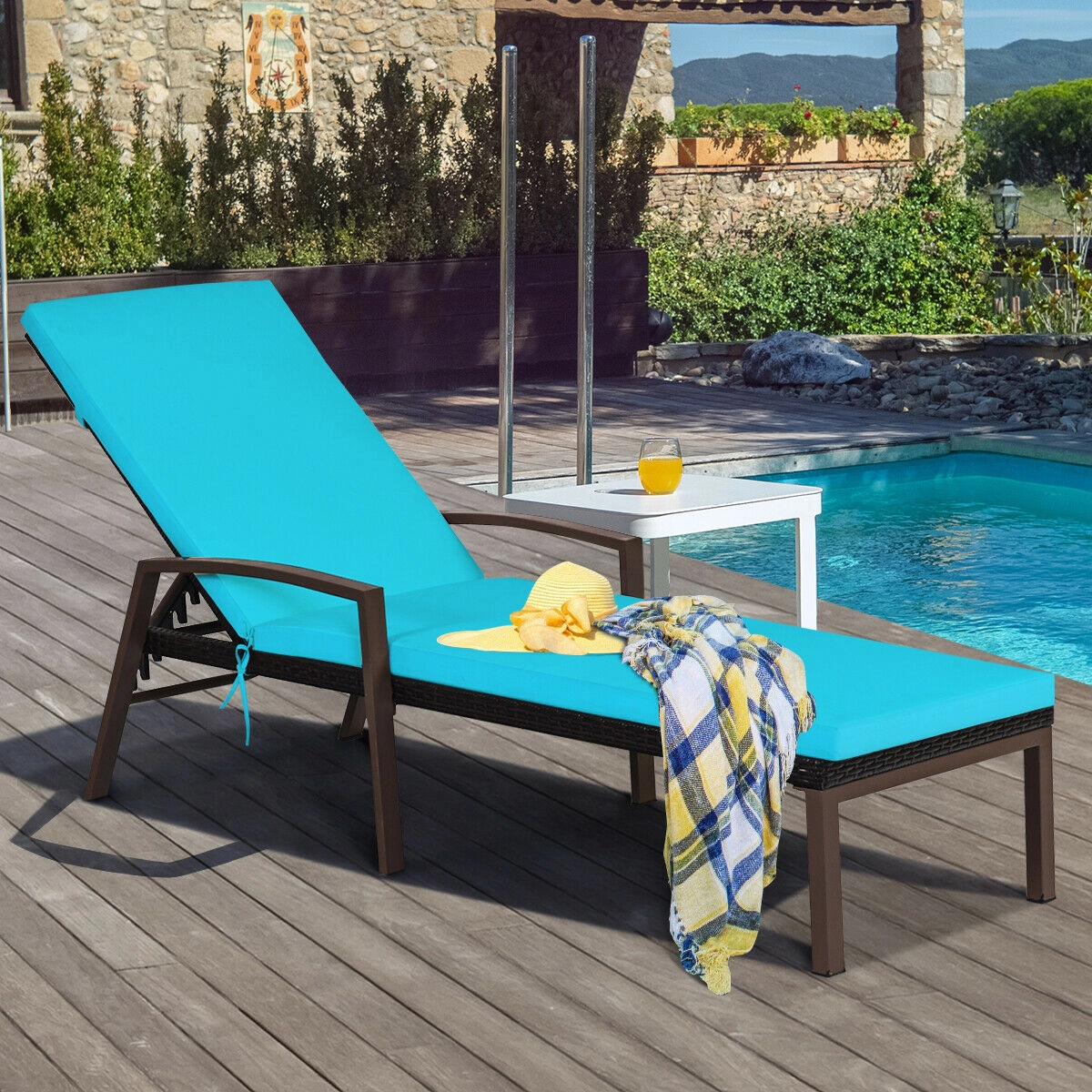 SUGIFT Back-Adjustable PE Rattan Patio Lounge Chaise Recliner 400-lb Capacity Cushion 76-in Length 2-Piece Set Turquoise